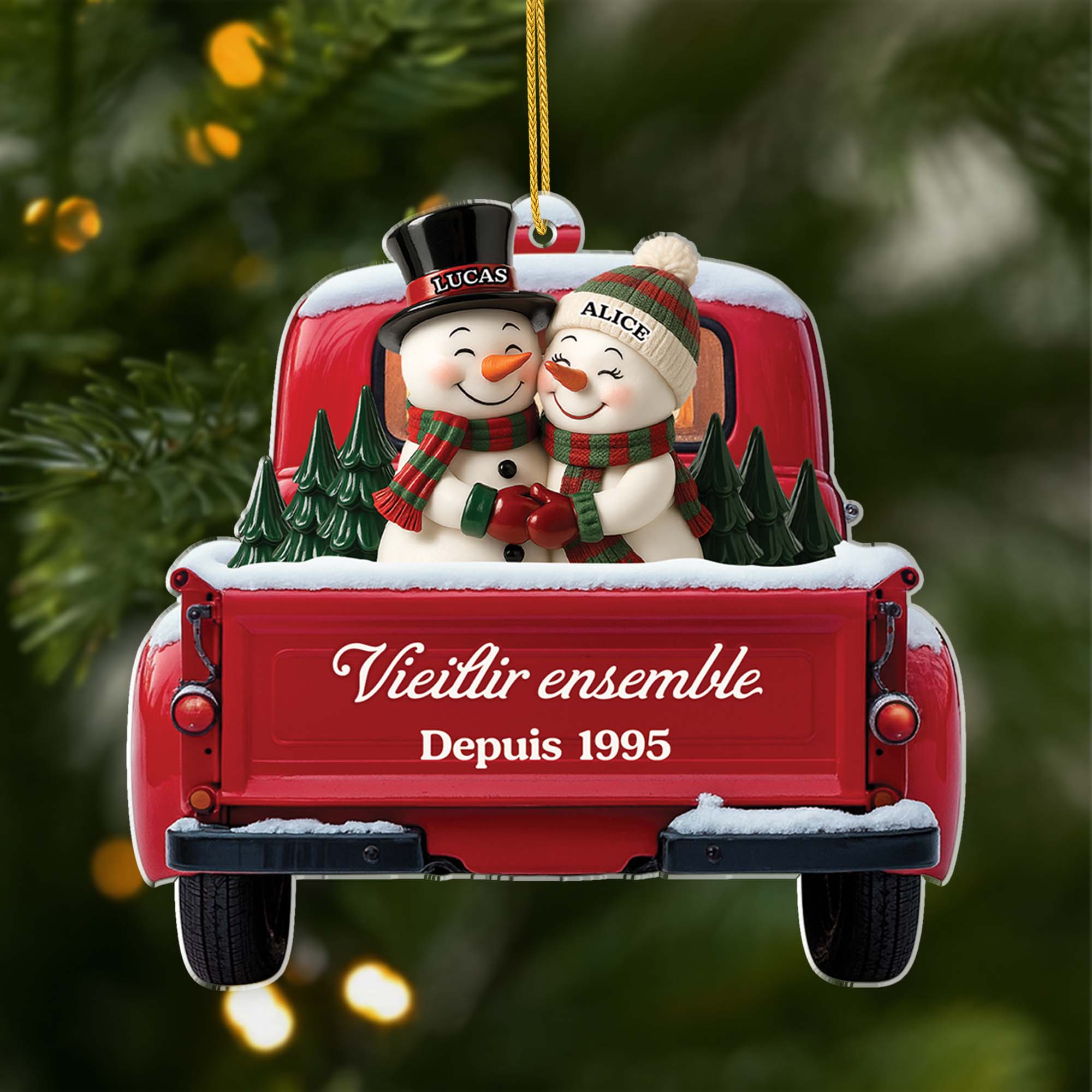 6447OFR1 effet dimpression 3d ornement acrylique personnalise couple bonhomme de neige et camion rouge 6447otq5g