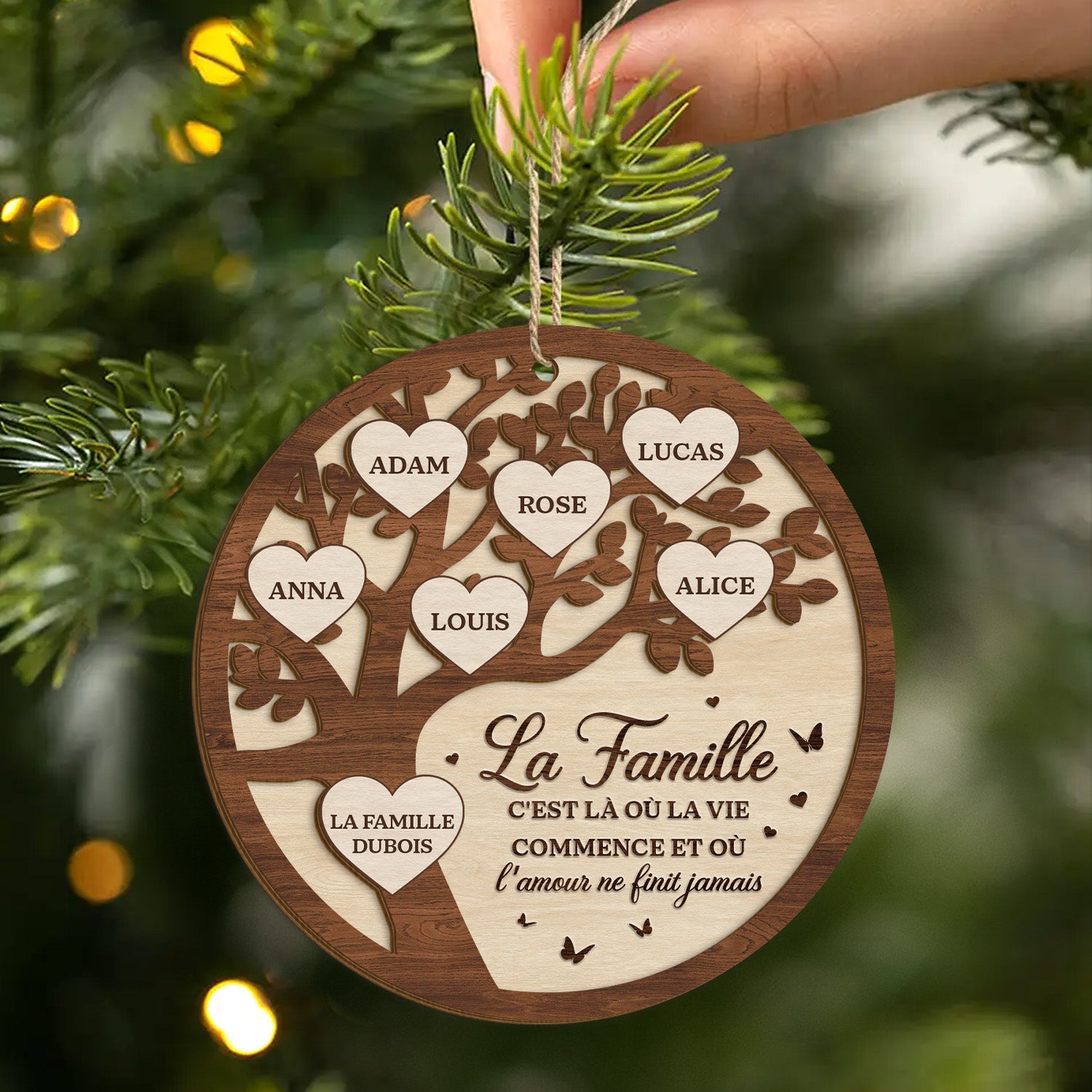 Ornement En Bois Personnalisé 'Notre Famille' - Boule De Noël à 2 Couches | Décoration De Sapin Personnalisable Avec Prénoms