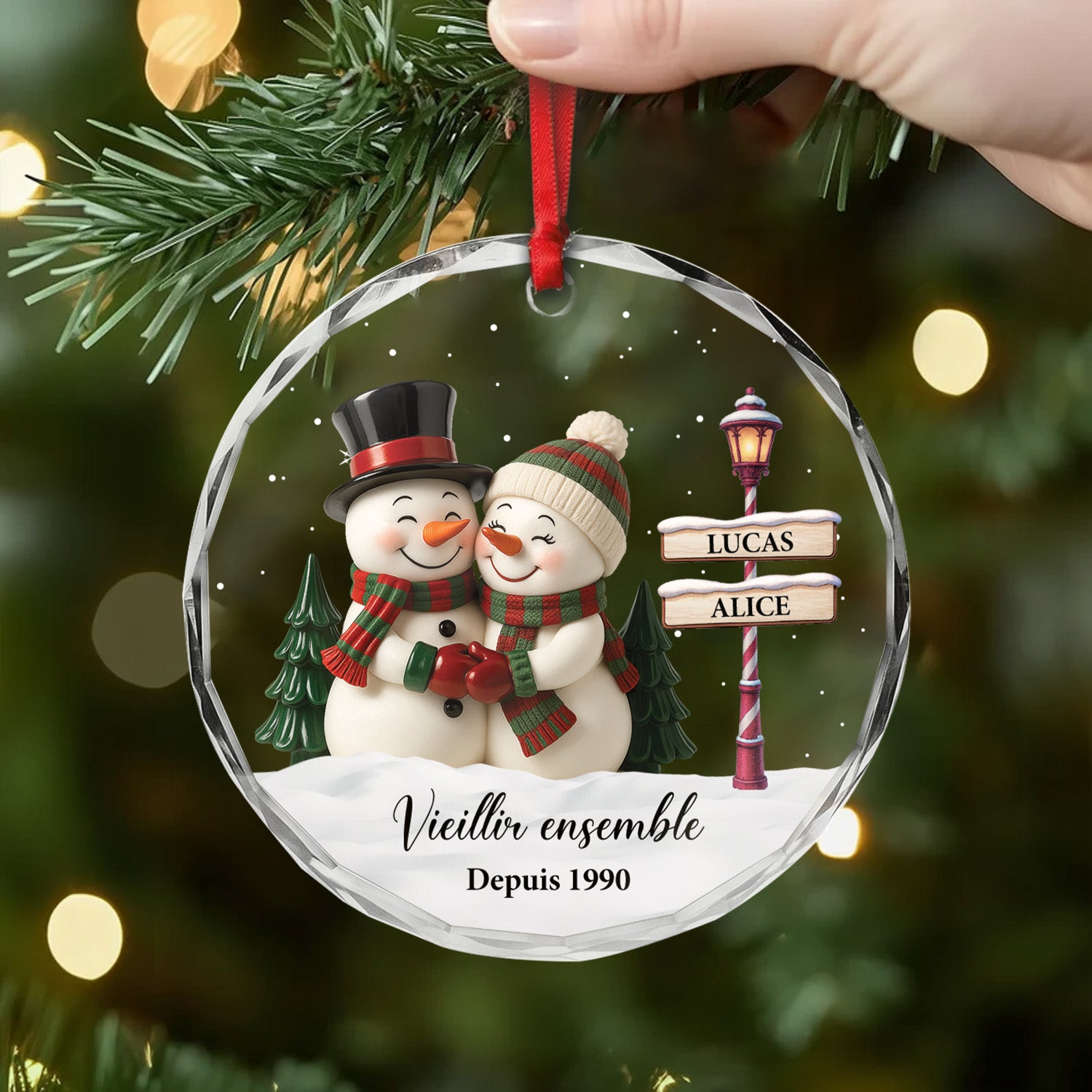 6477OFR2 ornement noel en verre personnalise vieillir ensemble couple bonhomme de neige 6477o3t0g