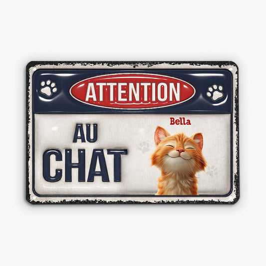 6499EFR1 effet dimpression 3d plaque metal personnalisee attention au chat 6499etvad