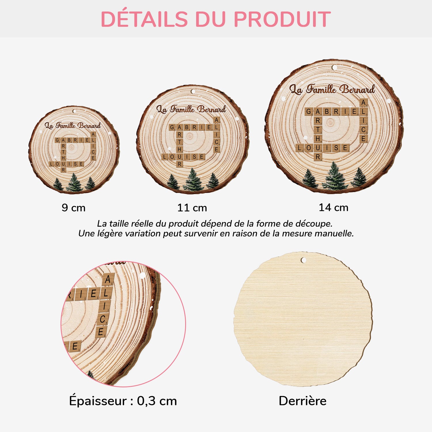 6502OFR3 ornement noel en bois a 1 couche personnalise famille tranche de bois avec mots croises 6502o3tti