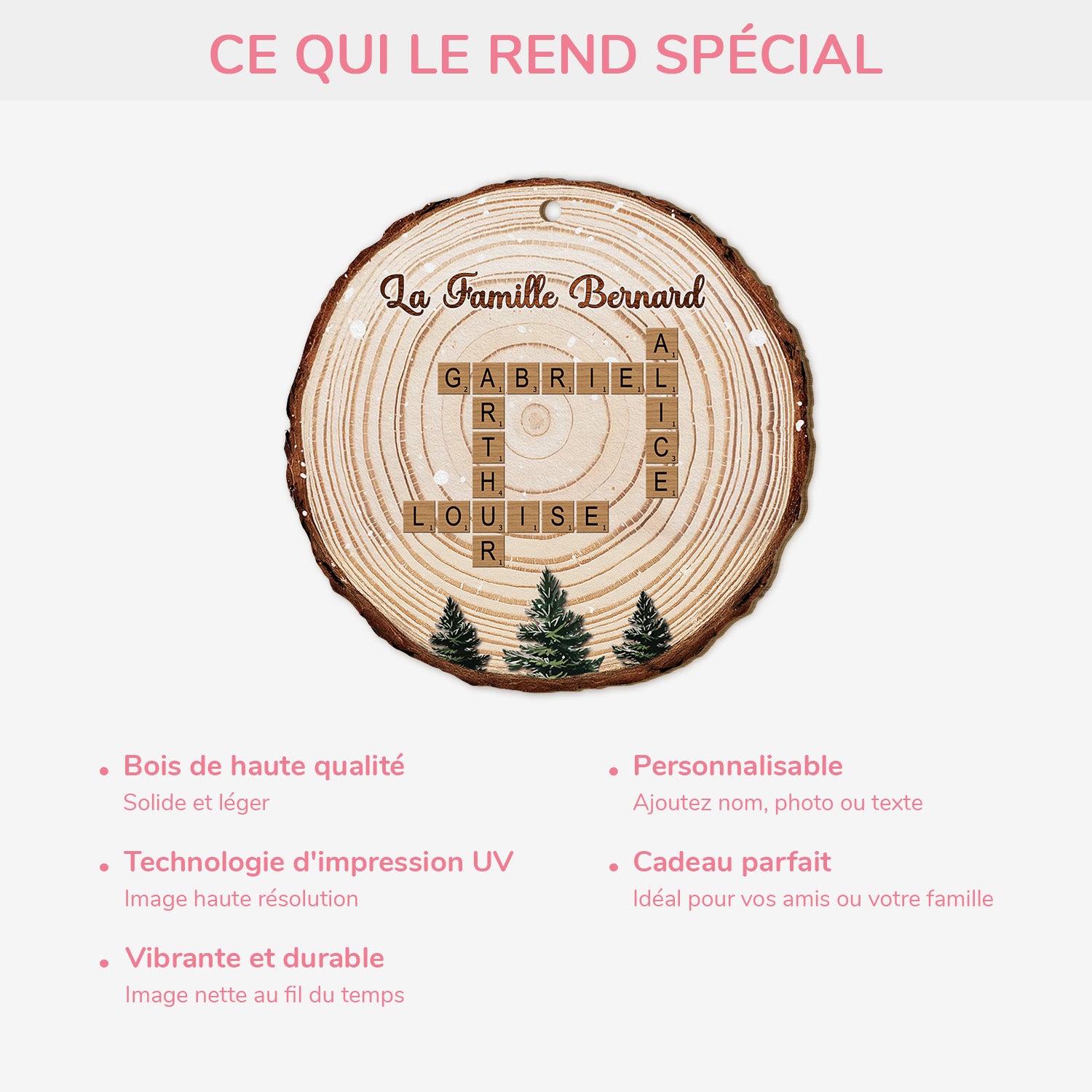 6502OFR4 ornement noel en bois a 1 couche personnalise famille tranche de bois avec mots croises 6502o3tti