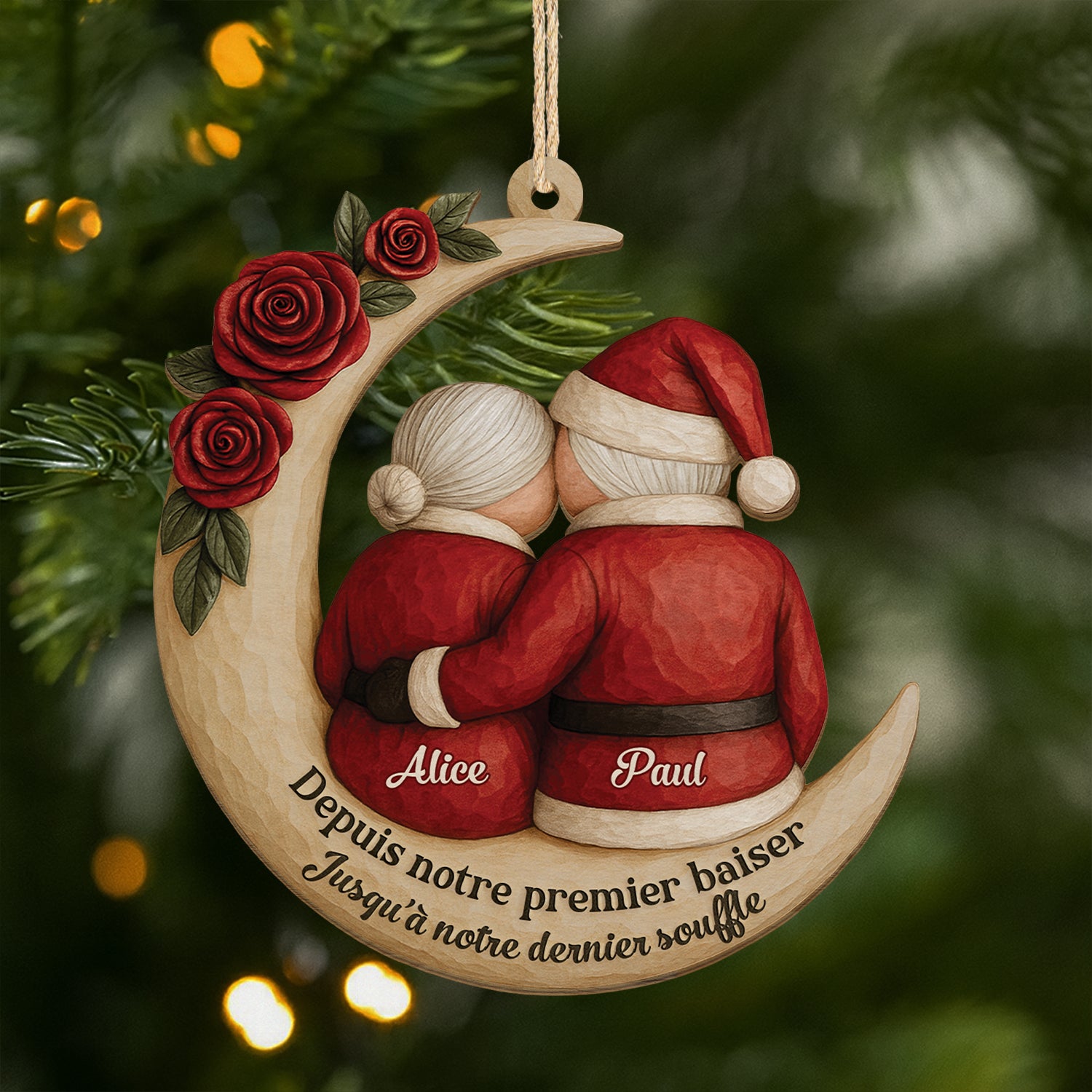 6512OFR1 effet dimpression 3d ornement noel en bois a 1 couche personnalise couple de pere noel depuis notre premier baiser 6512o3lzg_1