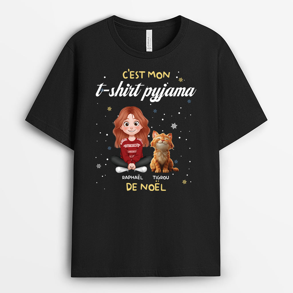 6529AFR2 t shirt personnalise t shirt pyjama de noel avec mon chat 6529attqd
