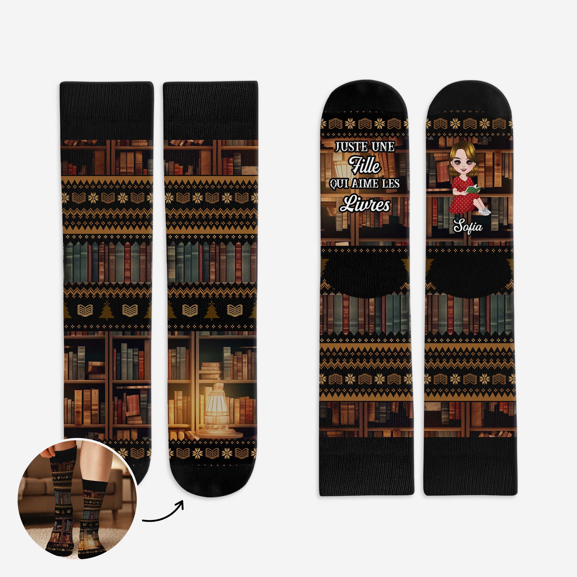6530JFR1 chaussettes personnalisees pour bibliophile juste une_ fille qui aime les livres 6530jkz5a