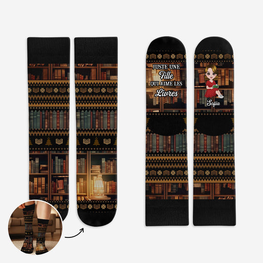 6530JFR1 chaussettes personnalisees pour bibliophile juste une_ fille qui aime les livres 6530jkz5a
