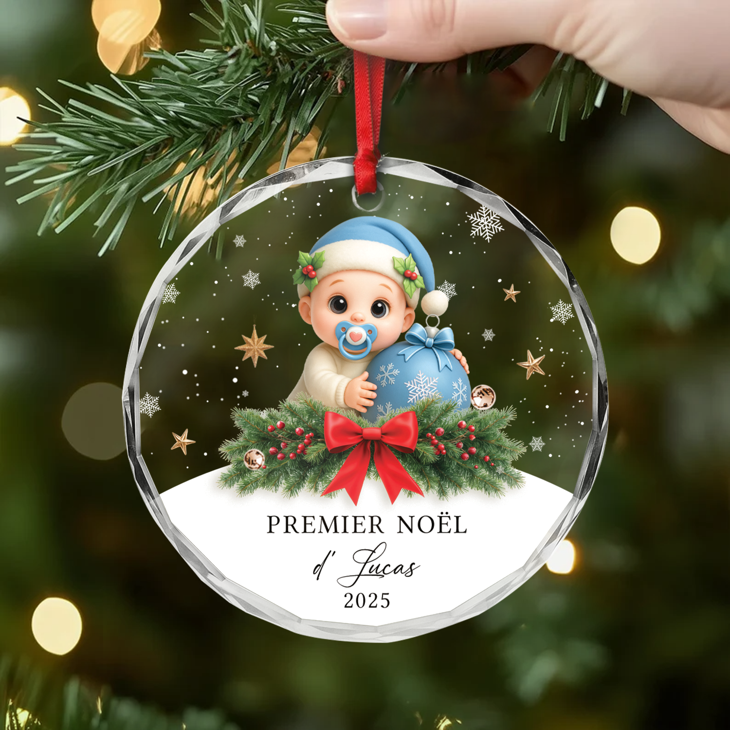 Ornement De Noël Personnalisé - Boule Verre 8 Cm Avec Prénoms Et Pieds - Premier Noël En Famille - Décoration Unique
