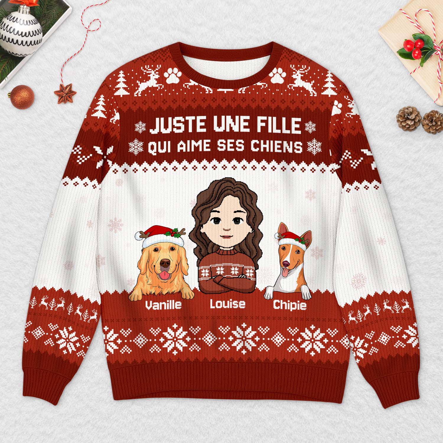 6567WFR2 pull moche de noel personnalise fille qui aime son chien 6567wtvnc
