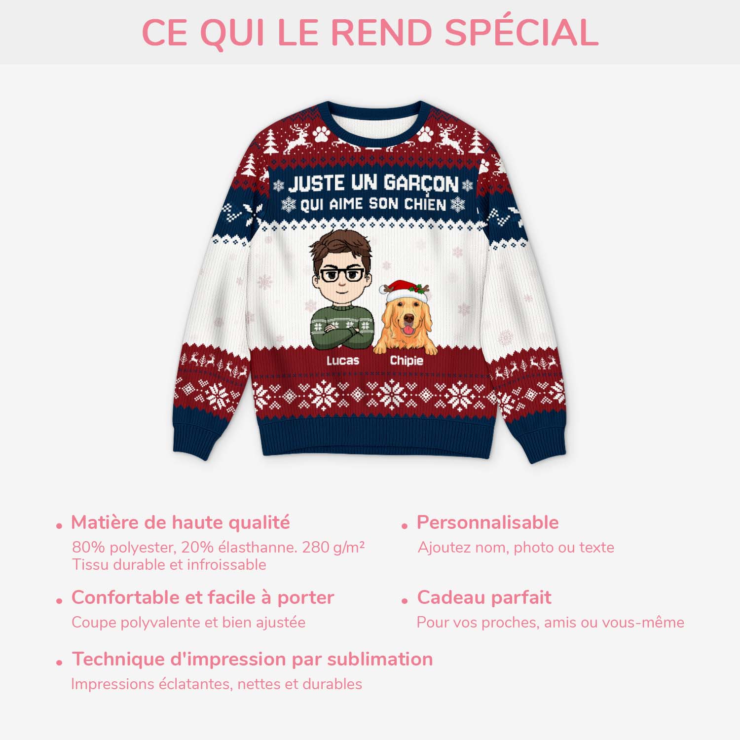 6567WFR5 pull moche de noel personnalise fille qui aime son chien 6567wtvnc