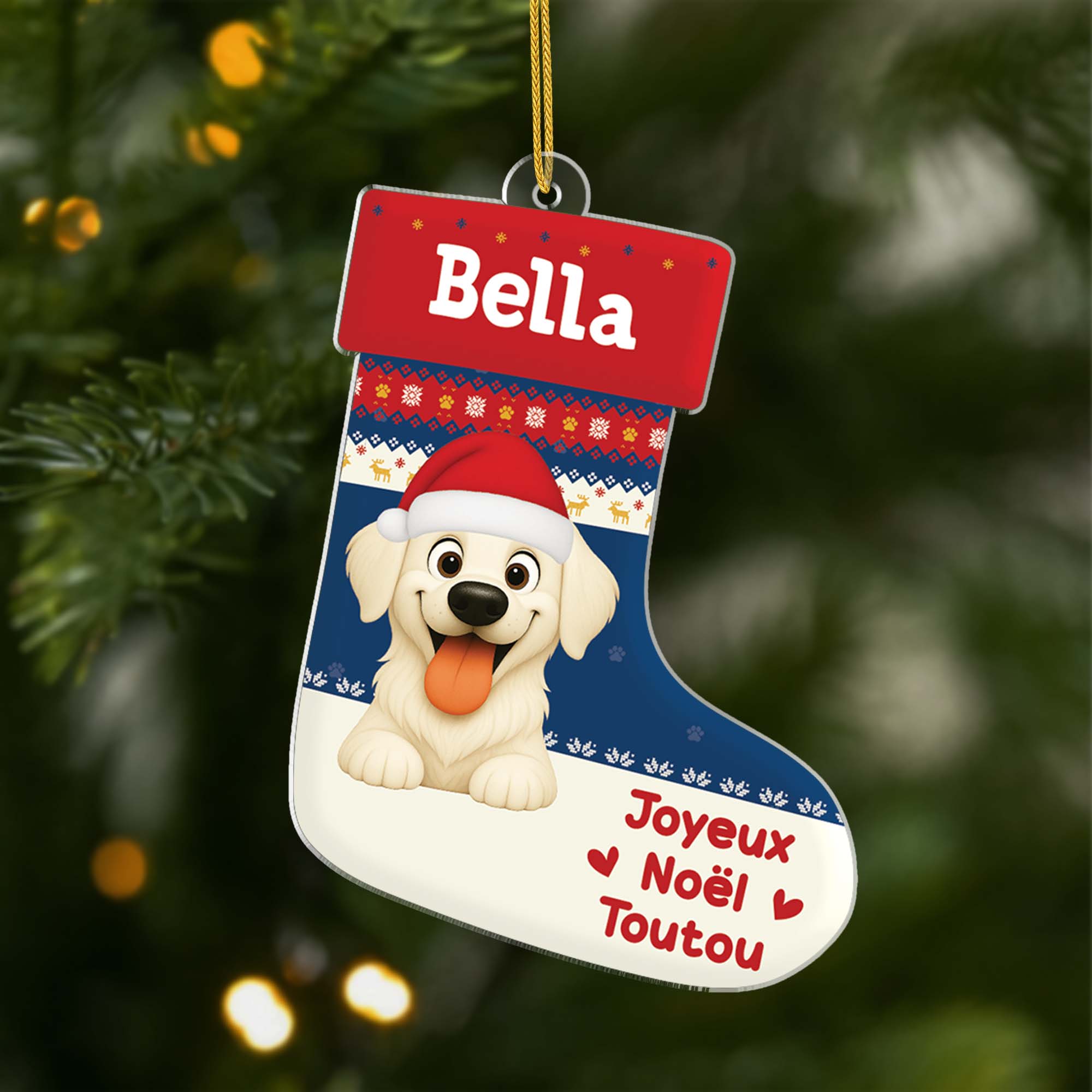 6573OFR1 ornement acrylique personnalise chaussette de noel chien joyeux ouafel 6573otqac