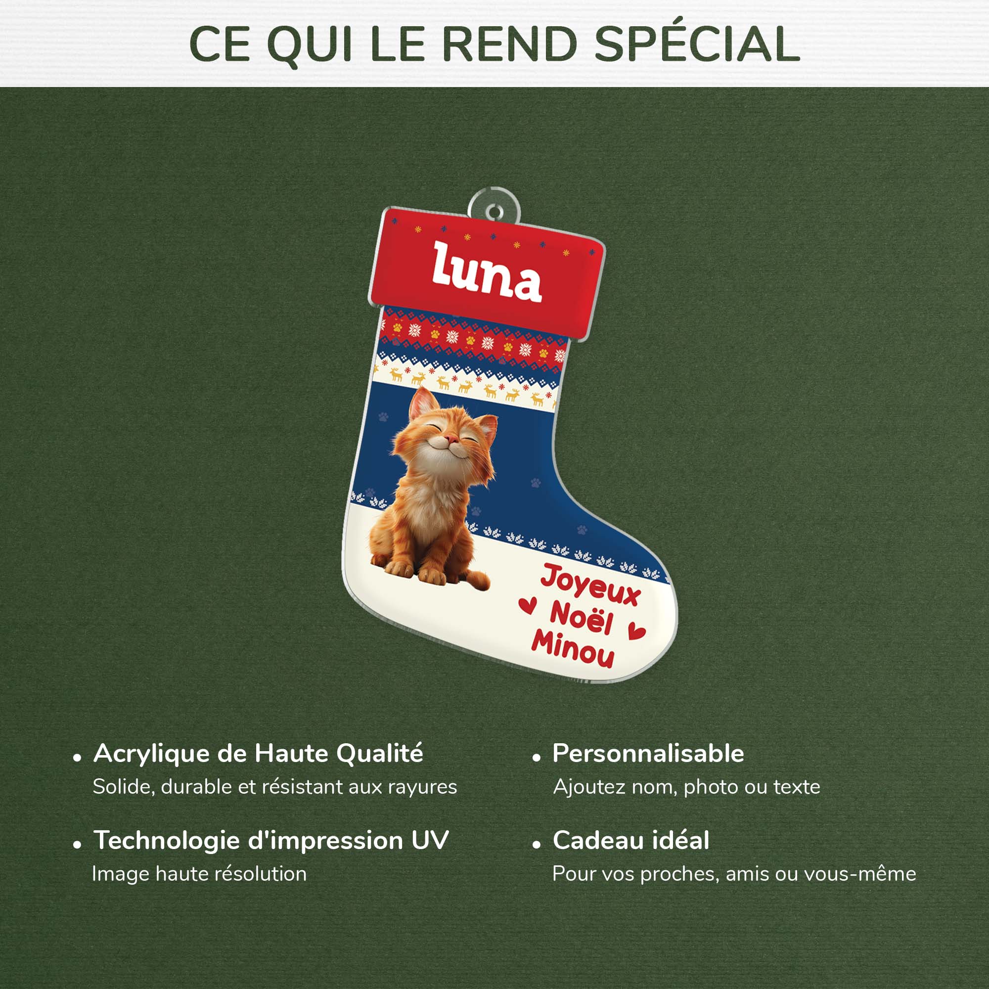 6573OFR4 ornement acrylique personnalise chaussette de noel chat joyeux miaouel 6573otqad