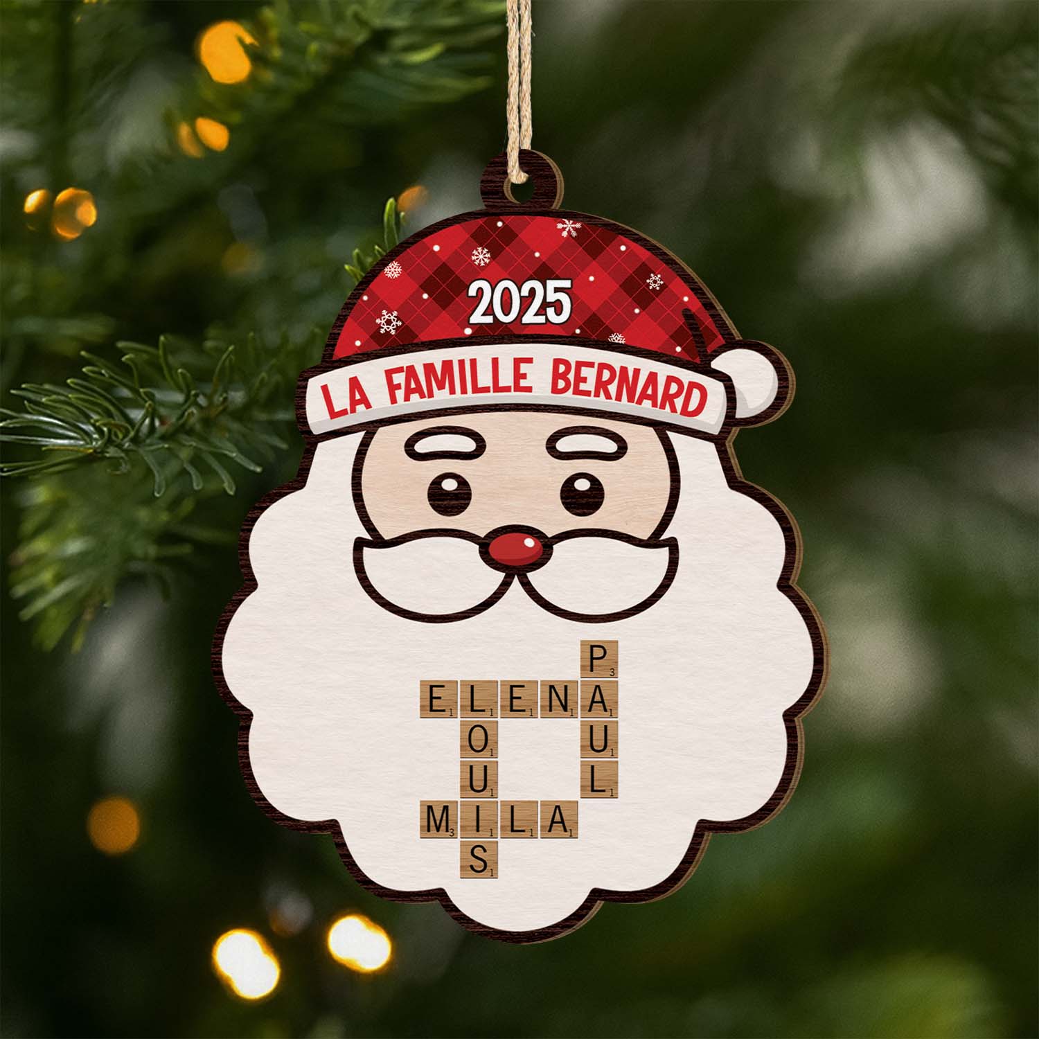 6609OFR1 ornement en bois a 1 couche personnalise pere noel de famille avec mots croises 6609otpmi