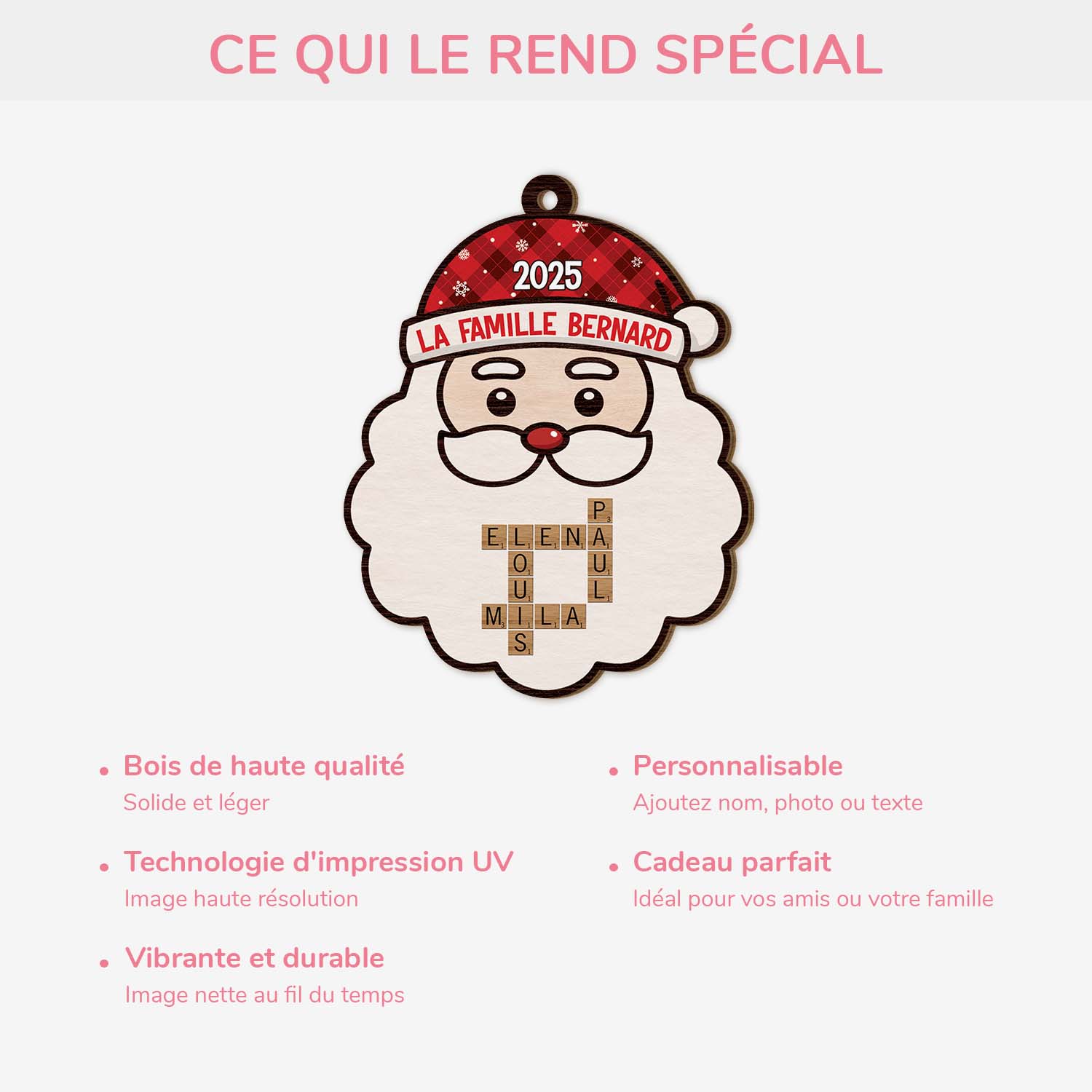 6609OFR4 ornement en bois a 1 couche personnalise pere noel de famille avec mots croises 6609otpmi