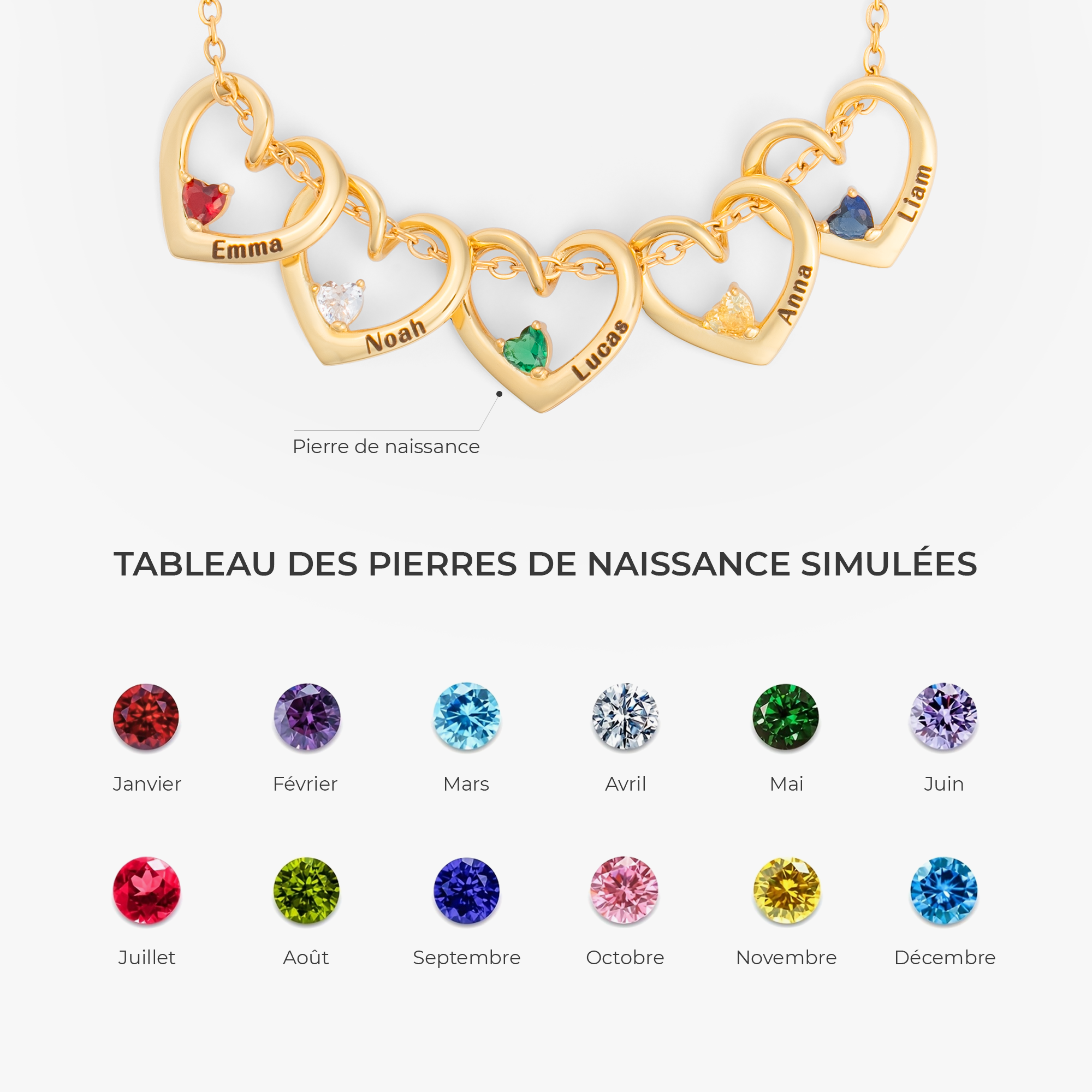 6617JFR4 collier personnalise pierre de naissance avec pendentif coeur pour femmehomme petits coeurs 6617j0t5a