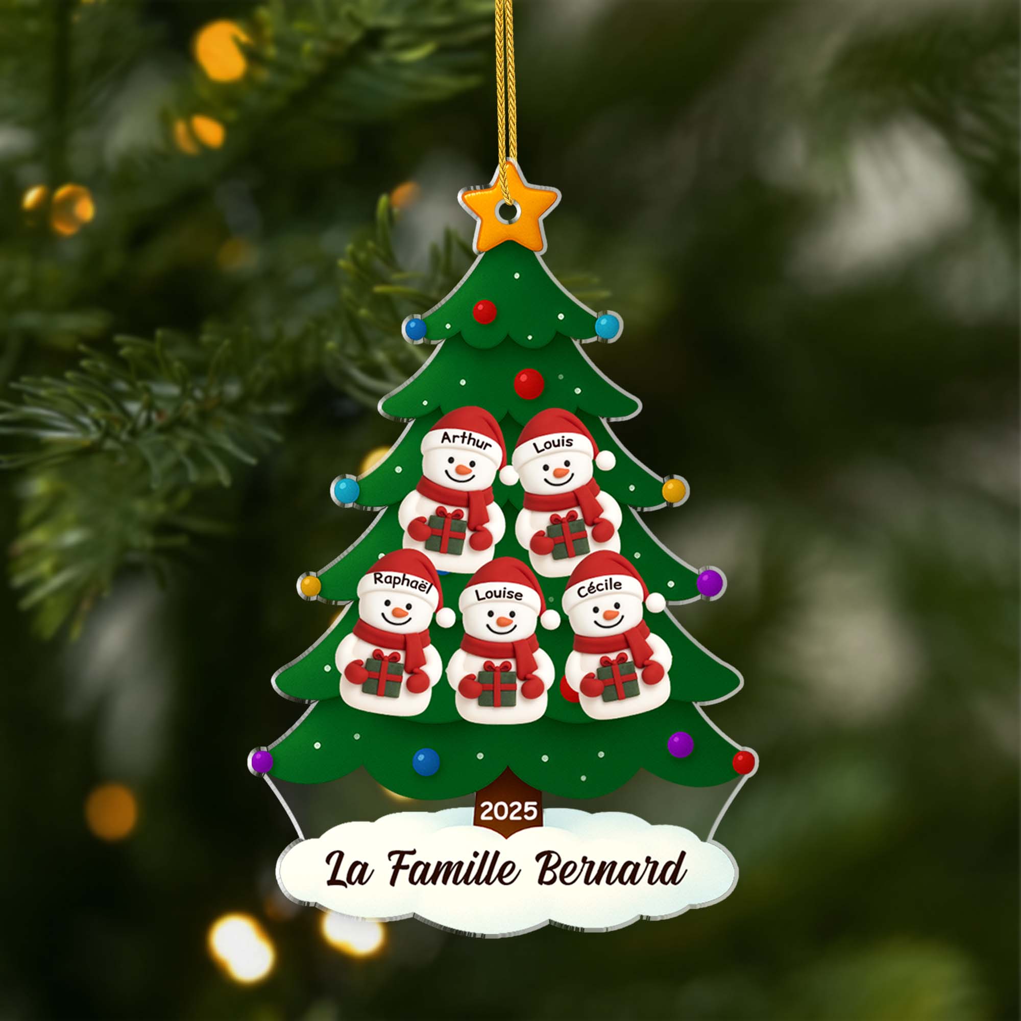 6632OFR1 ornement acrylique personnalise famille sapin de noel avec bonhomme de neige 6632o3twi