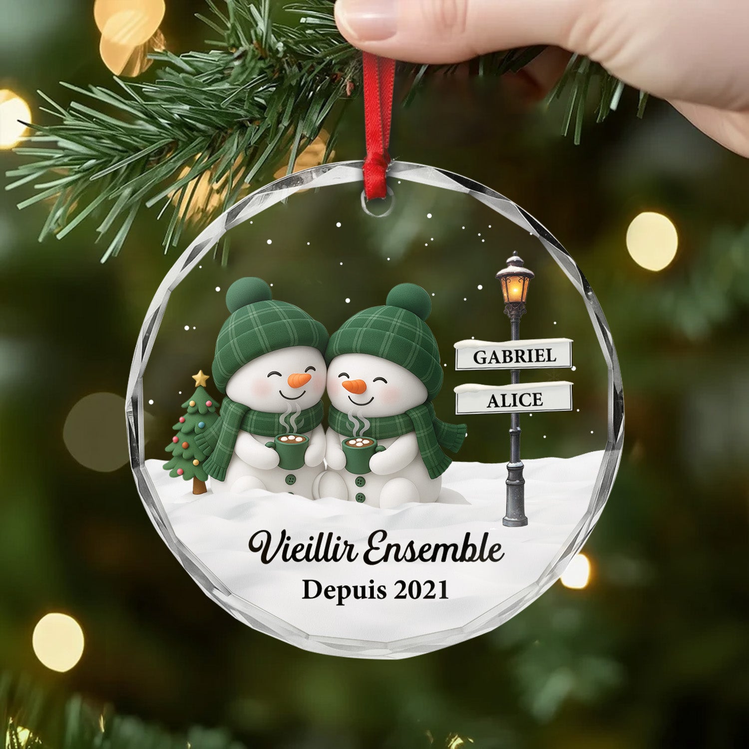 6633OFR2 ornement de noel en verre personnalise vieillir ensemble avec couple bonhomme de neige 6633o3p5g