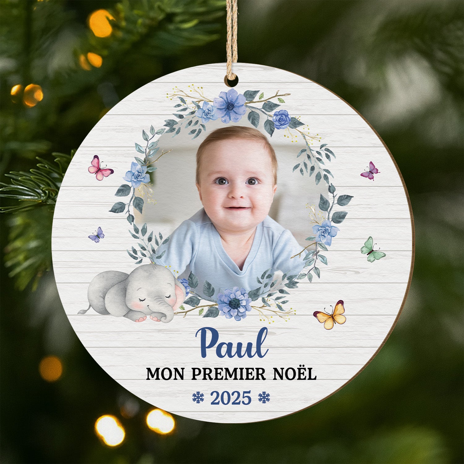6714OFR1 ornement en bois a 1 couche personnalise avec bebe photo mon premier noel avec elephant 6714o8ptk