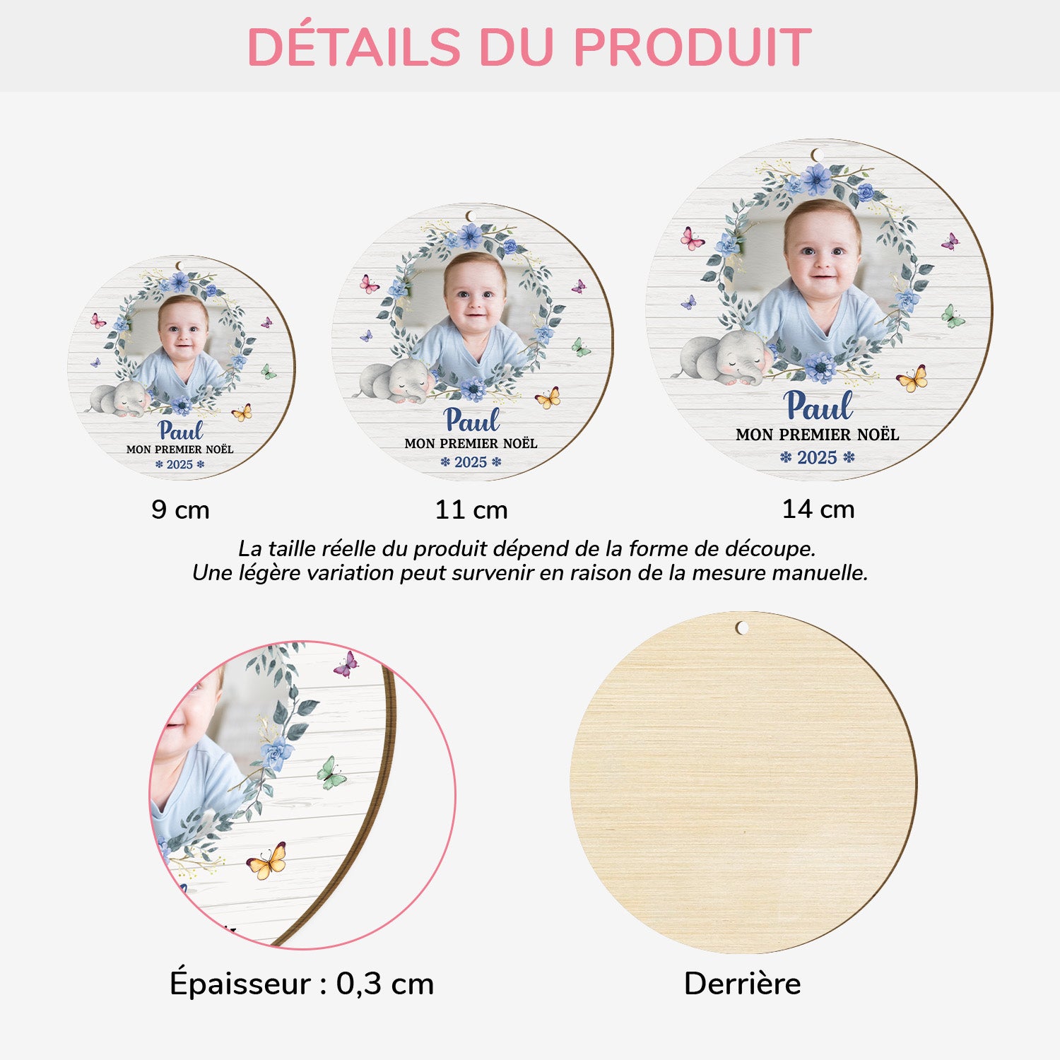 6714OFR3 ornement en bois a 1 couche personnalise avec bebe photo mon premier noel avec elephant 6714o8ptk