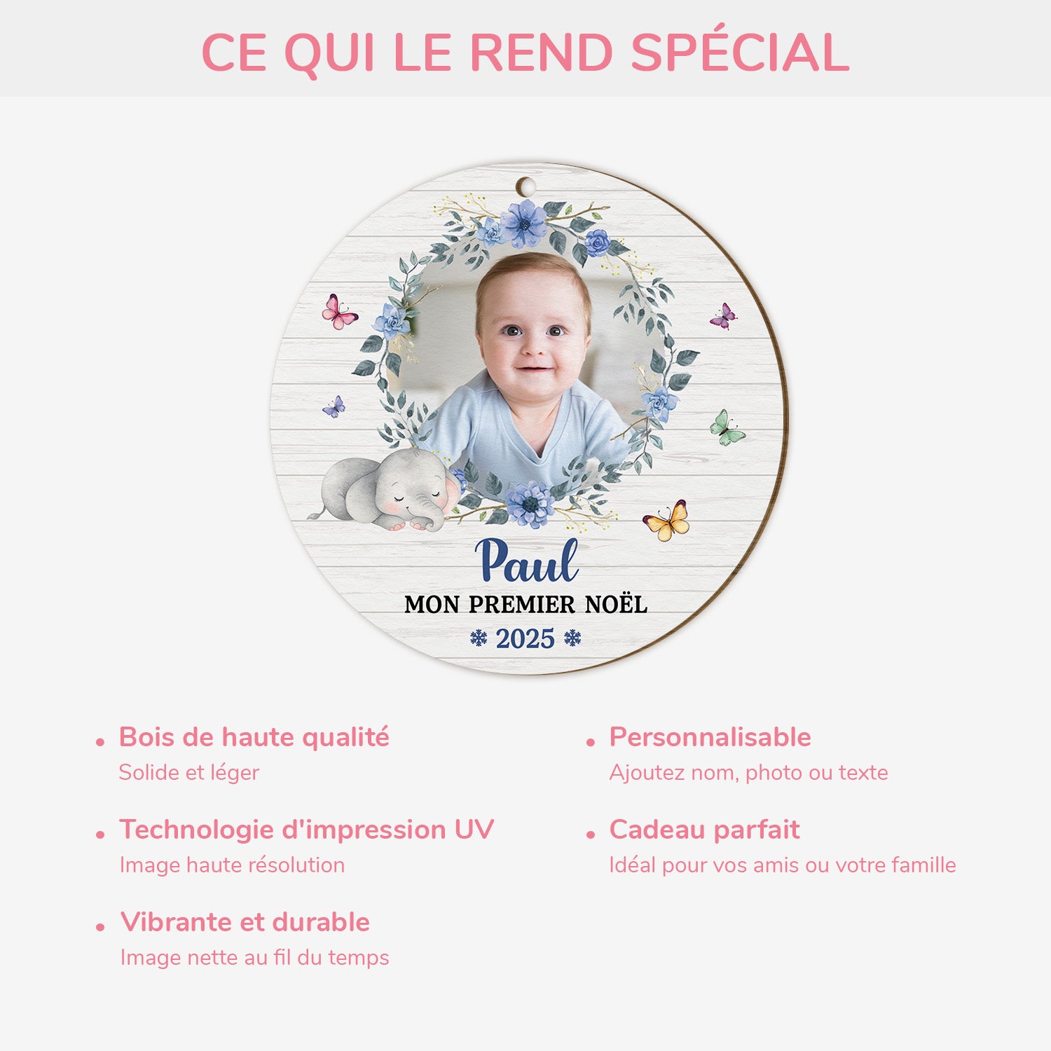6714OFR4 ornement en bois a 1 couche personnalise avec bebe photo mon premier noel avec elephant 6714o8ptk