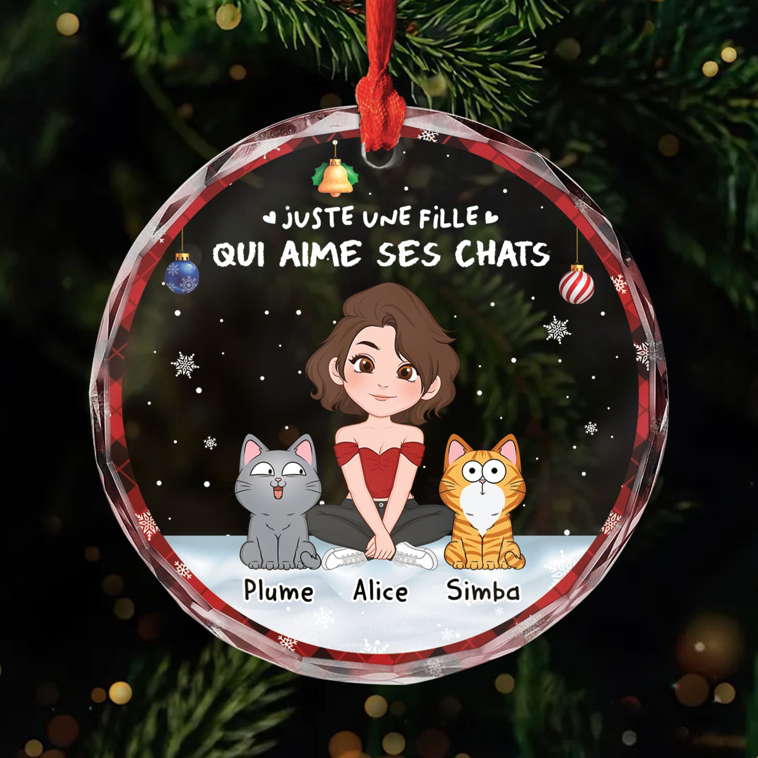 6716OFR1 ornement noel en verre personnalise fille qui aime ses chats 6716okv5d