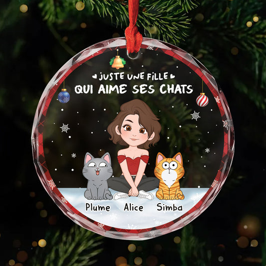 6716OFR1 ornement noel en verre personnalise fille qui aime ses chats 6716okv5d