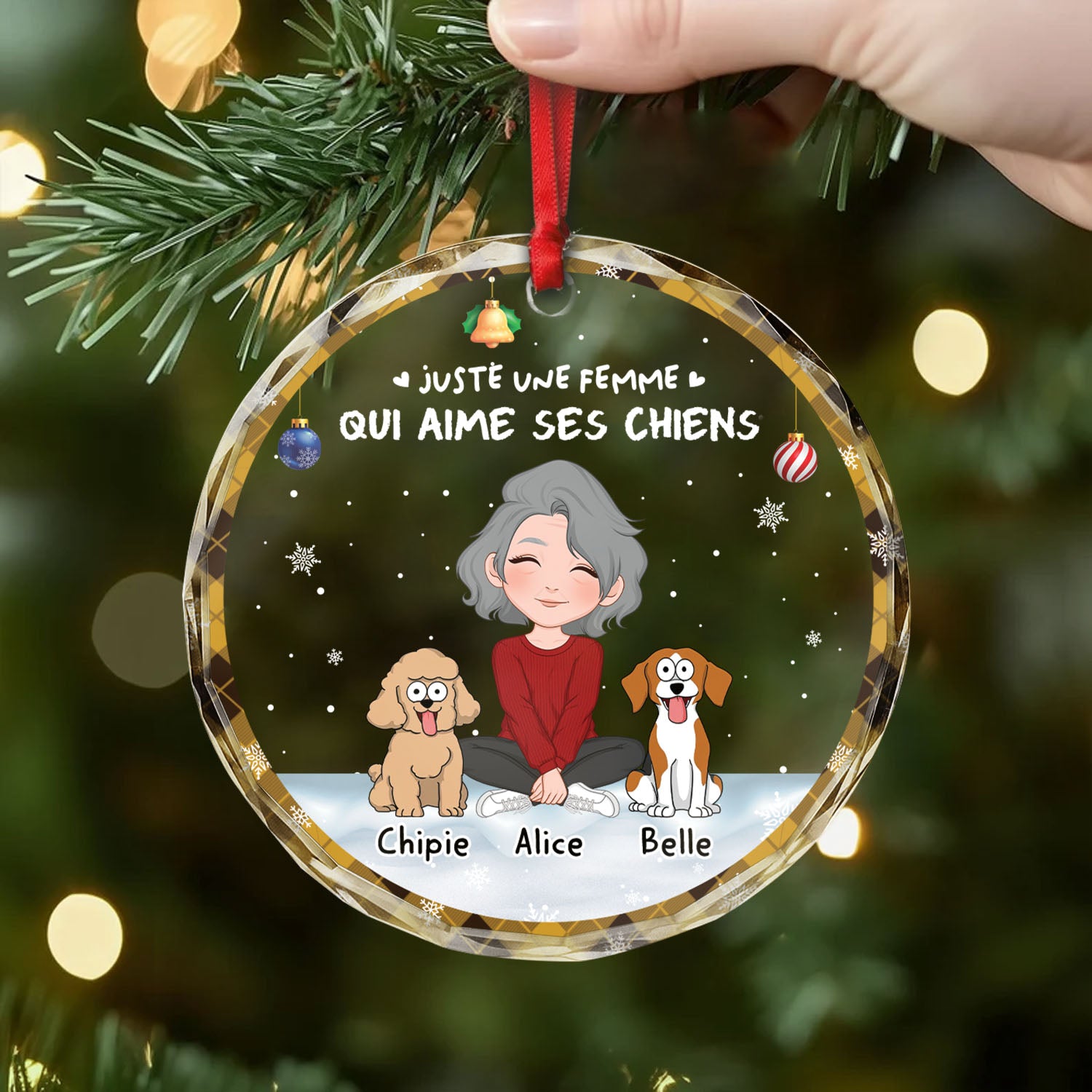 6716OFR2 ornement noel en verre personnalise fille qui aime ses chiens 6716okv5c
