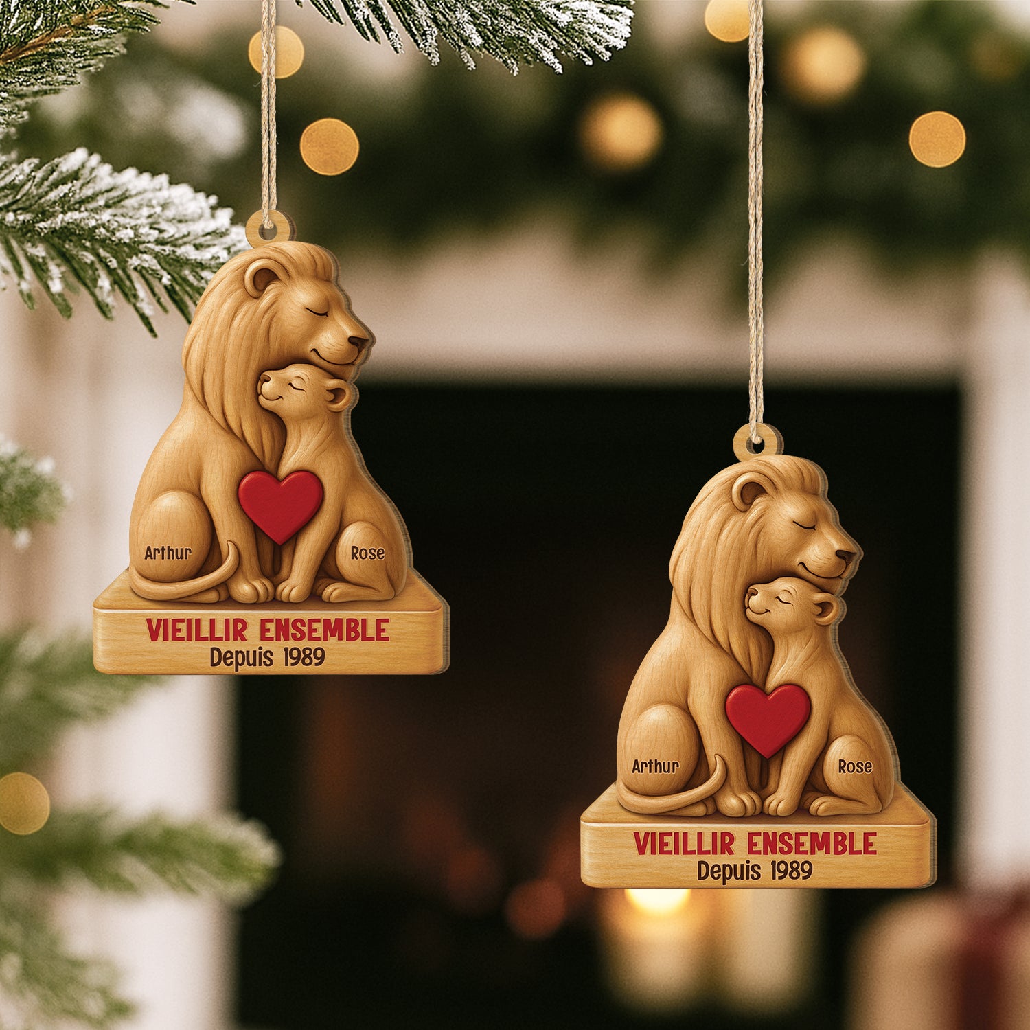 6726OFR2 effet dimpression 3d ornement noel en bois a 1 couche personnalise vieillir ensemble couple lion 6726o3tmg