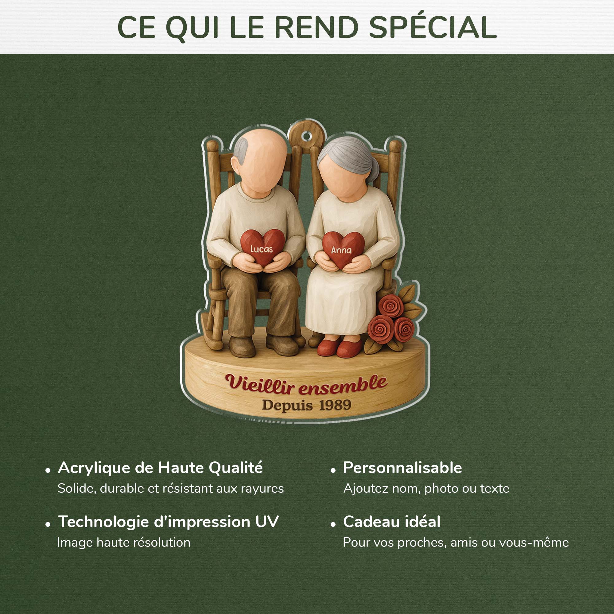 6734OFR4 effet dimpression 3d ornement acrylique personnalise couple vieillir ensemble avec deux coeurs 6734o3ttg