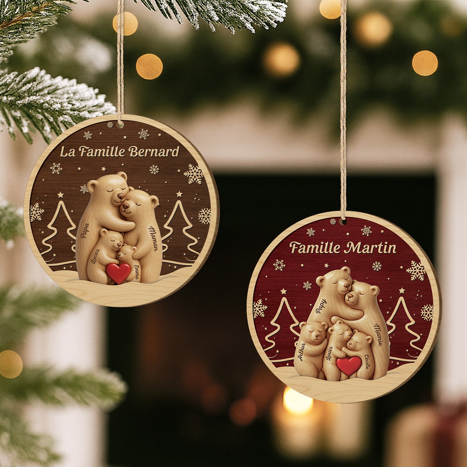 6784OFR2 effet dimpression 3d ornement noel en bois a 1 couche personnalise la famille ours 6784o3tmi