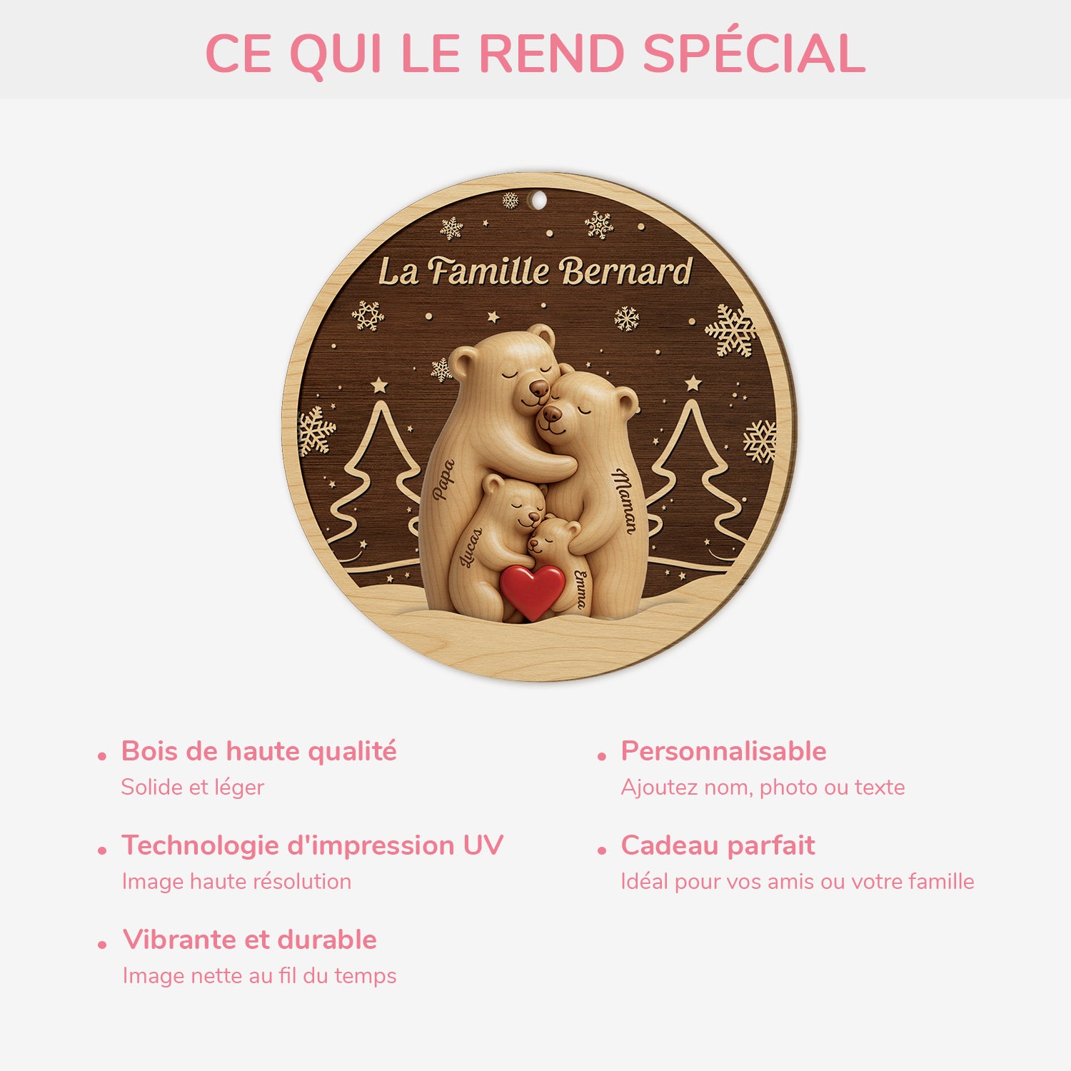 6784OFR4 effet dimpression 3d ornement noel en bois a 1 couche personnalise la famille ours 6784o3tmi