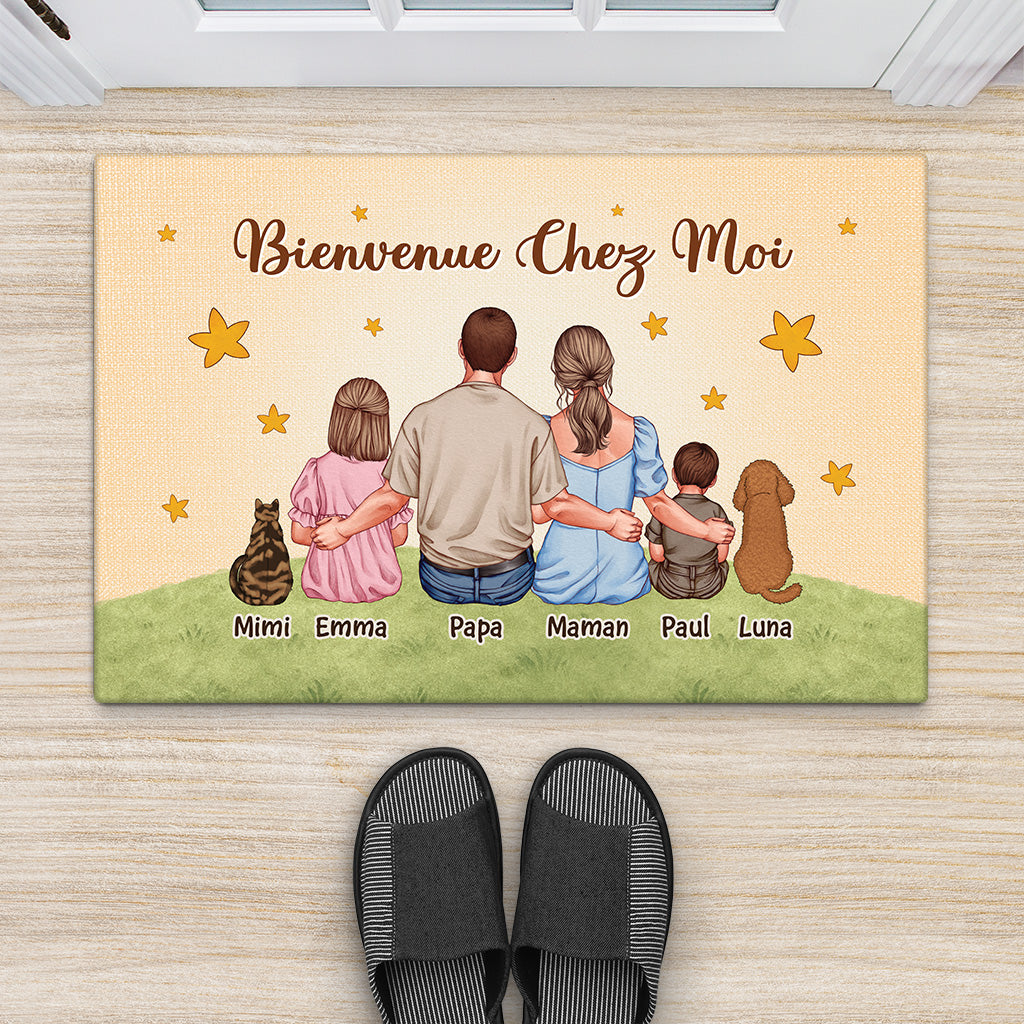 6927DFR2 paillasson personnalise famille et animaux bienvenue chez nous avec chienchat 6927d8tti