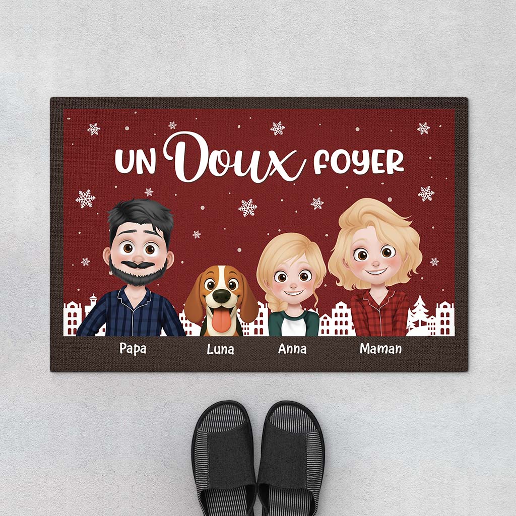 6943DFR1 paillasson personnalise pour famille avec chatchien un doux foyer a noel 6943d3yti