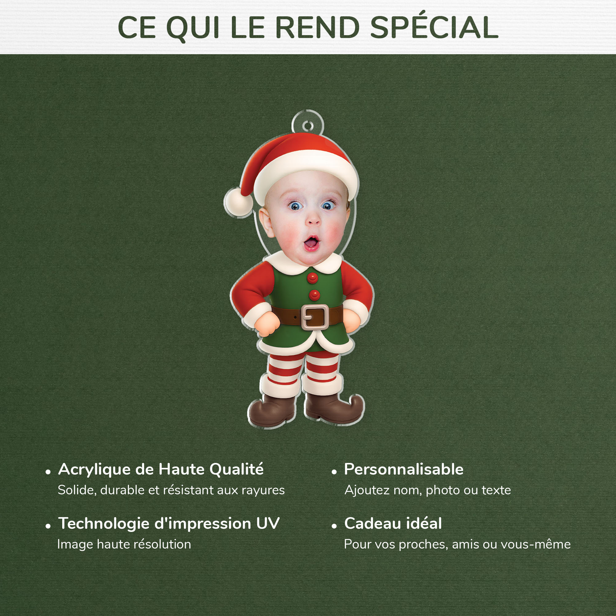 7352OFR4 ornement noel acrylique personnalise photo bebe petit elfe 7352otv5k