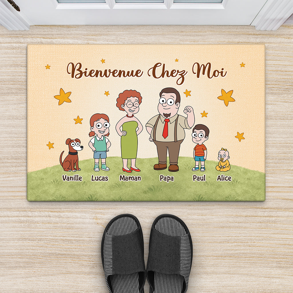 7503DFR2 paillasson personnalise famille et animaux cartoon bienvenue chez nous 7503dtt5i