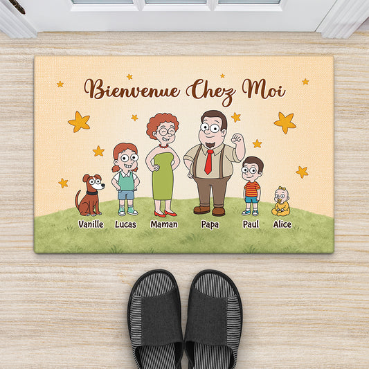 7503DFR2 paillasson personnalise famille et animaux cartoon bienvenue chez nous 7503dtt5i