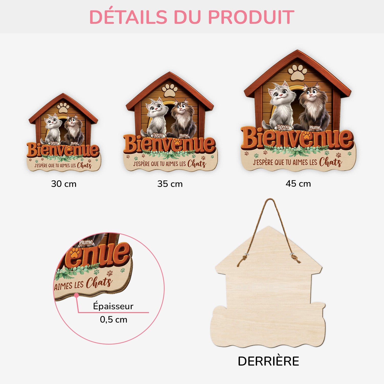 7707QFR3 plaque en bois personnalisee a suspendre bienvenue jespere tu aimes les chats 7707q3lad