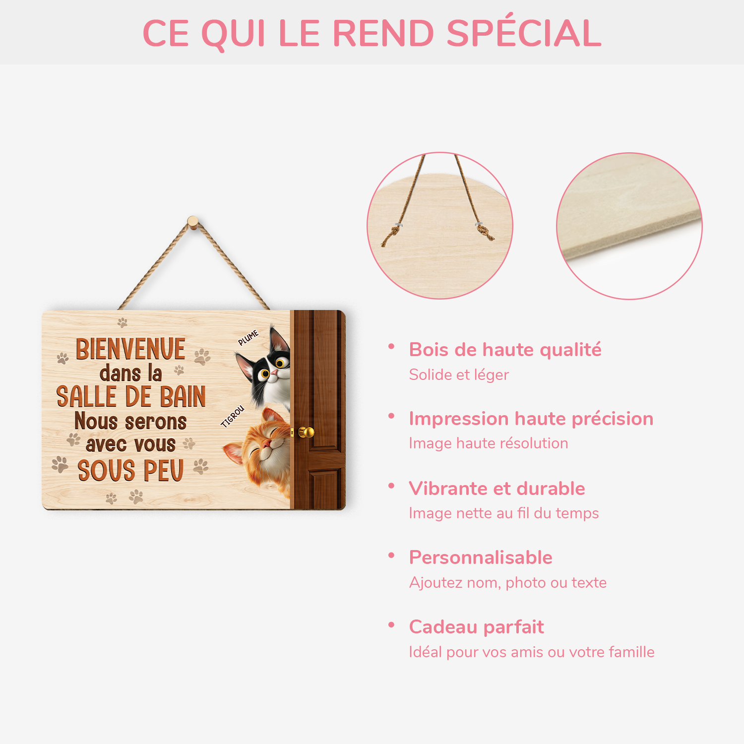 7735QFR4 plaque en bois personnalisee a suspendre avec chat bienvenue dans la salle de bain 7735qtrad