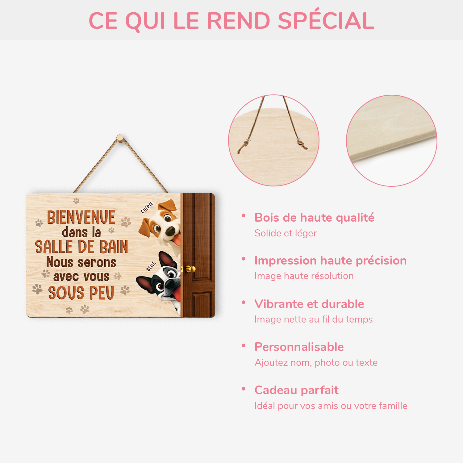 7735QFR4 plaque en bois personnalisee a suspendre avec chien bienvenue dans la salle de bain 7735qtrac