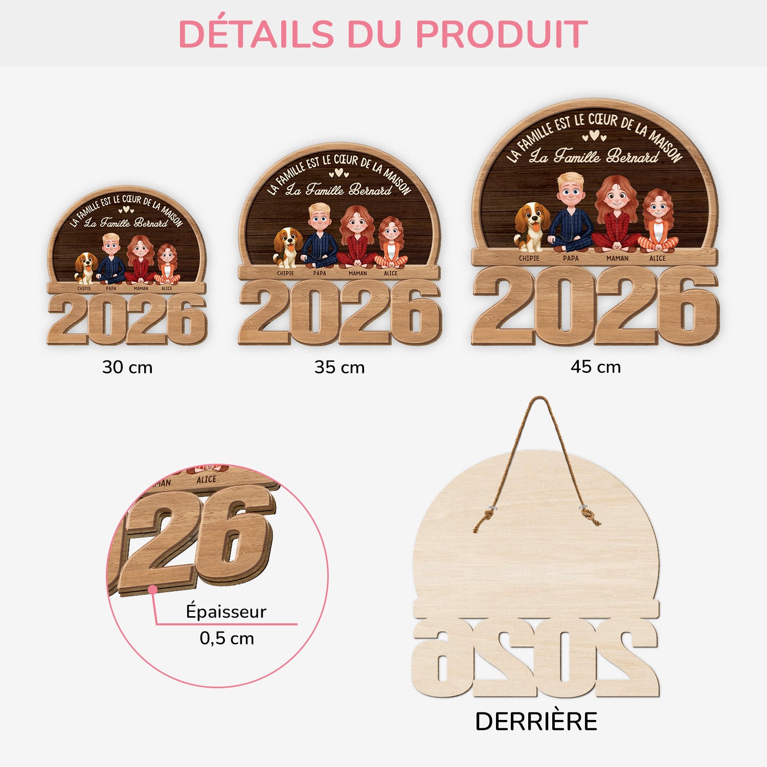 7738QFR3 plaque en bois personnalisee a suspendre notre famille avec chat et chien 7738qtlni