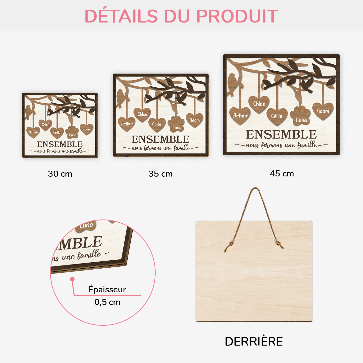 7739QFR3 plaque en bois personnalisee a suspendre notre famille avec chien et chat 7739q3tai