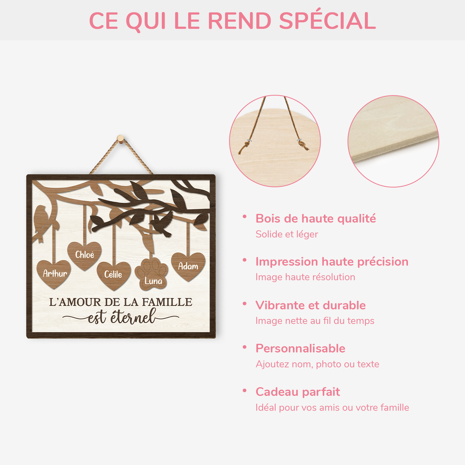 7739QFR4 plaque en bois personnalisee a suspendre notre famille avec chien et chat 7739q3tai