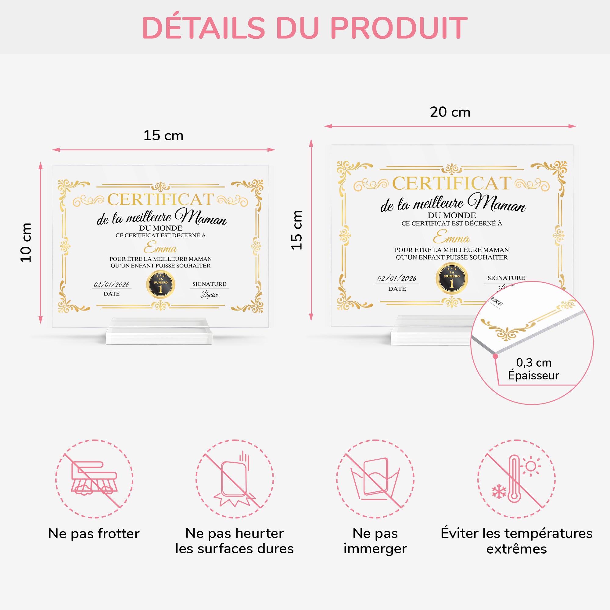 7894RFR4 plaque en acrylique personnalisee avec support certificat de la meilleure maman 7894rcpaa