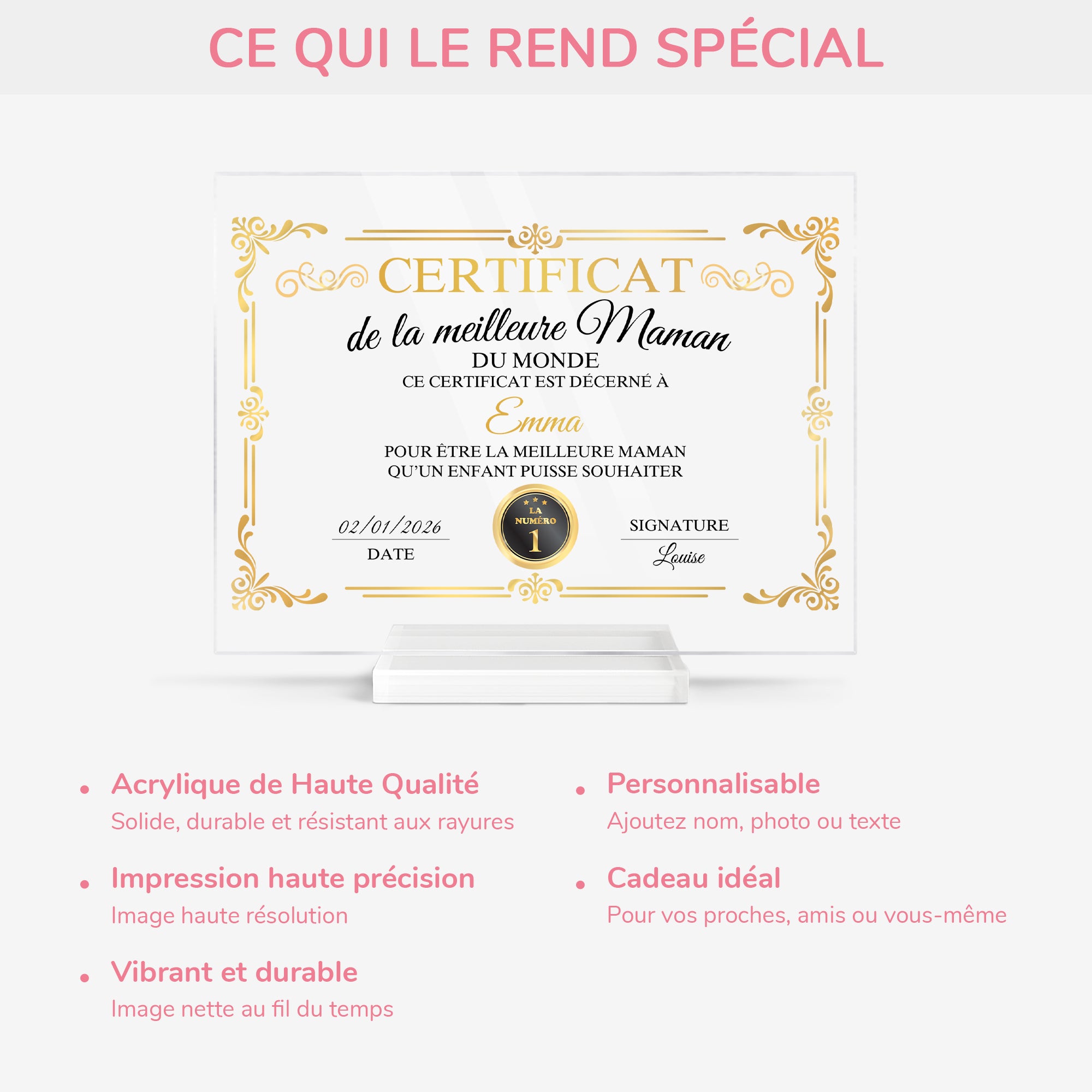 7894RFR5 plaque en acrylique personnalisee avec support certificat de la meilleure maman 7894rcpaa