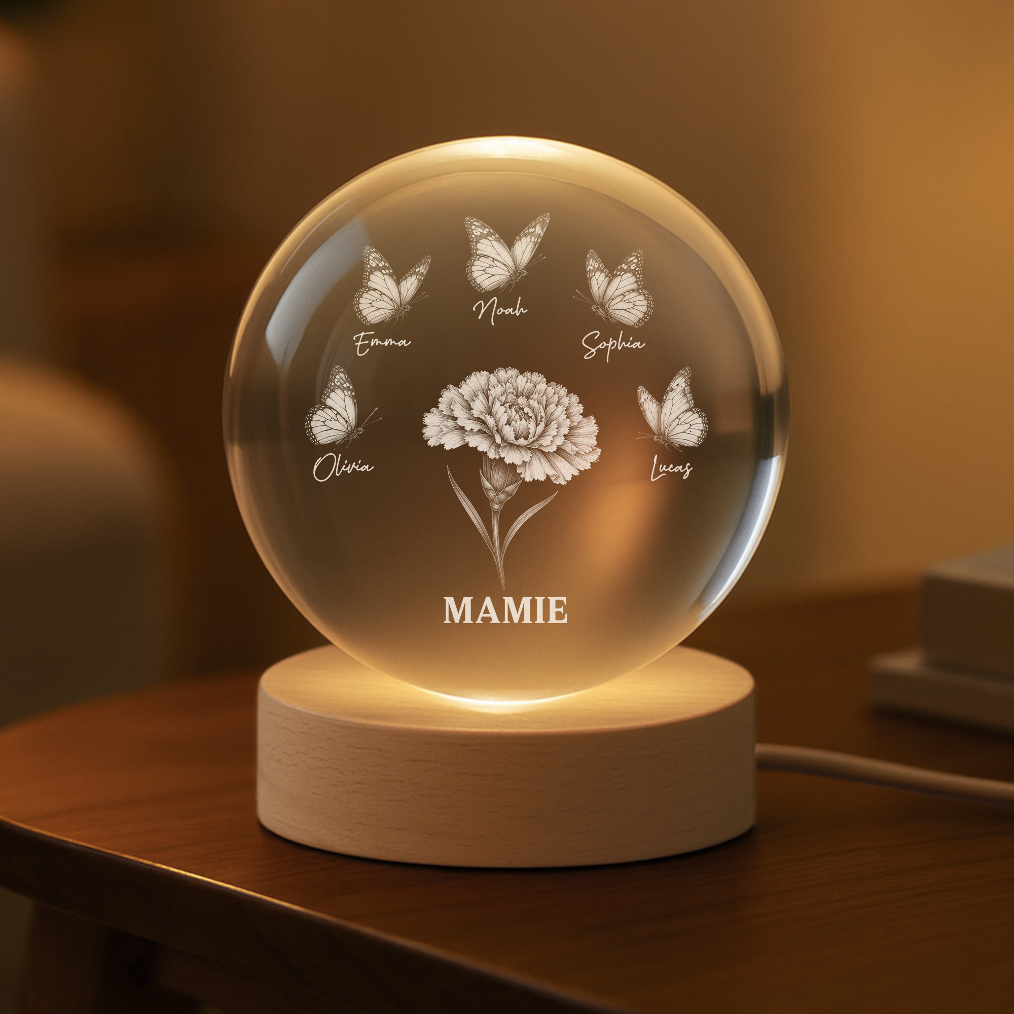 8530LFR2 veilleuse boule de cristal personnalisee maman mamie fleur et papillon 8530lck2a