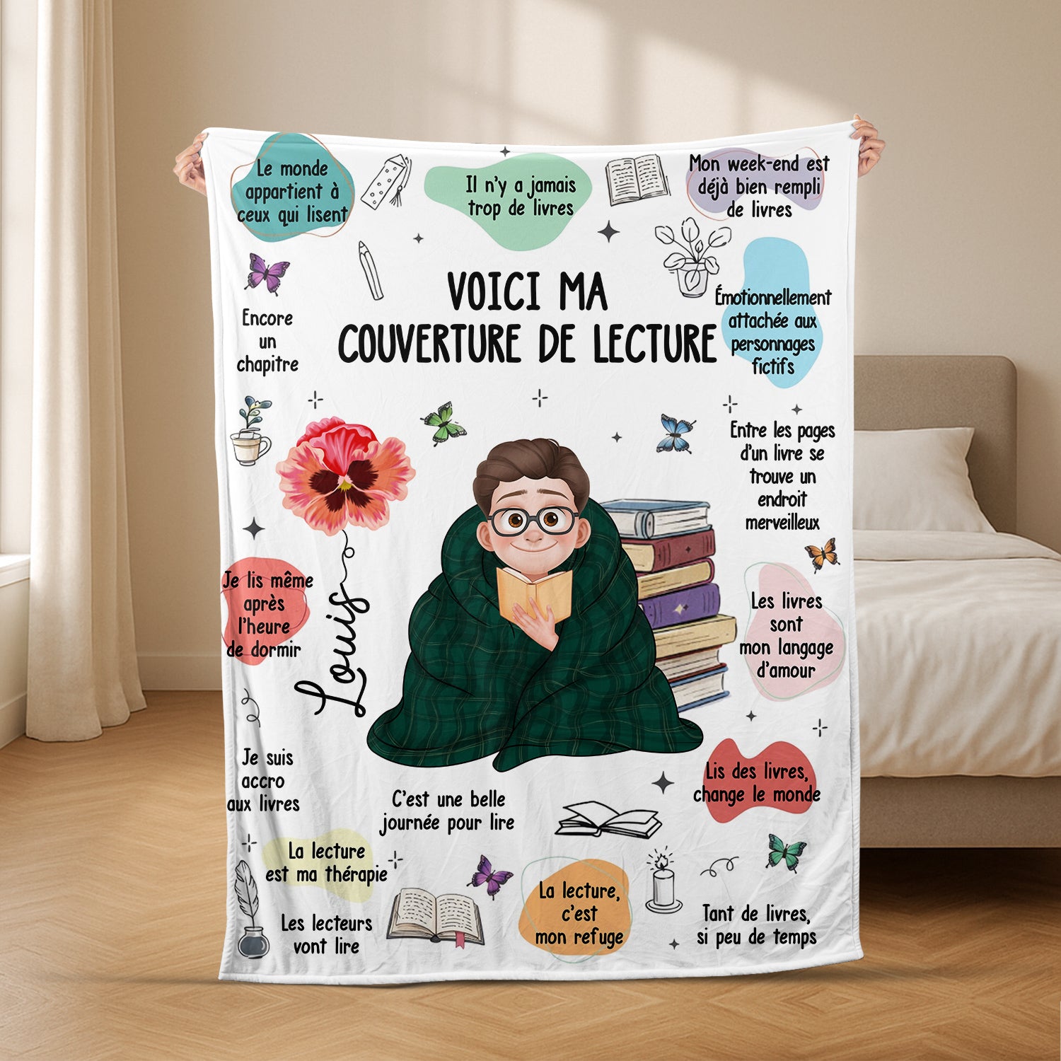 8771BFR2 plaid imprime personnalise femme cadeau voici ma couverture avec livres 8771bcfsa