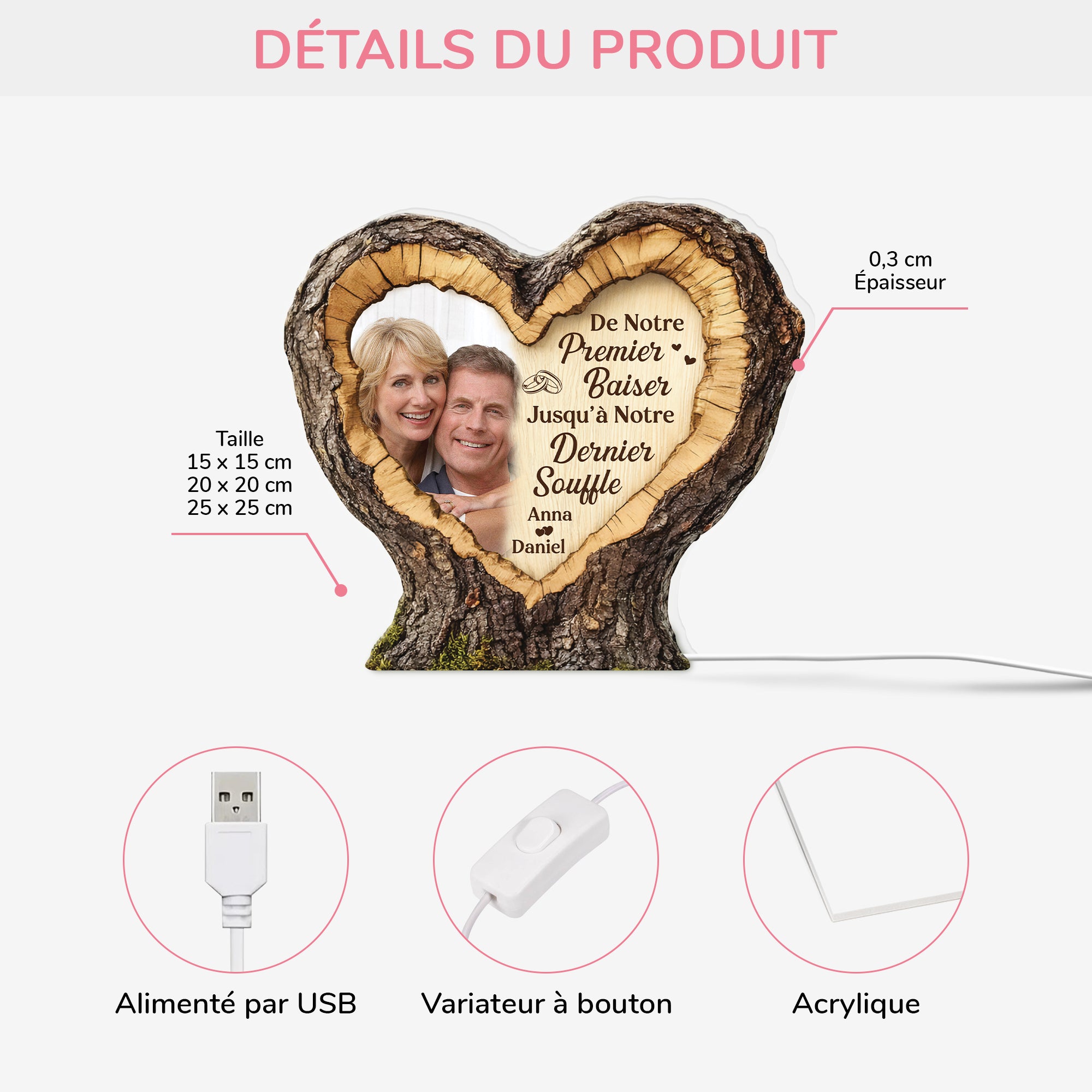 8802LFR2 effet dimpression 3d lightbox personnalisable couple avec photo notre premier baiser 8802lnpag
