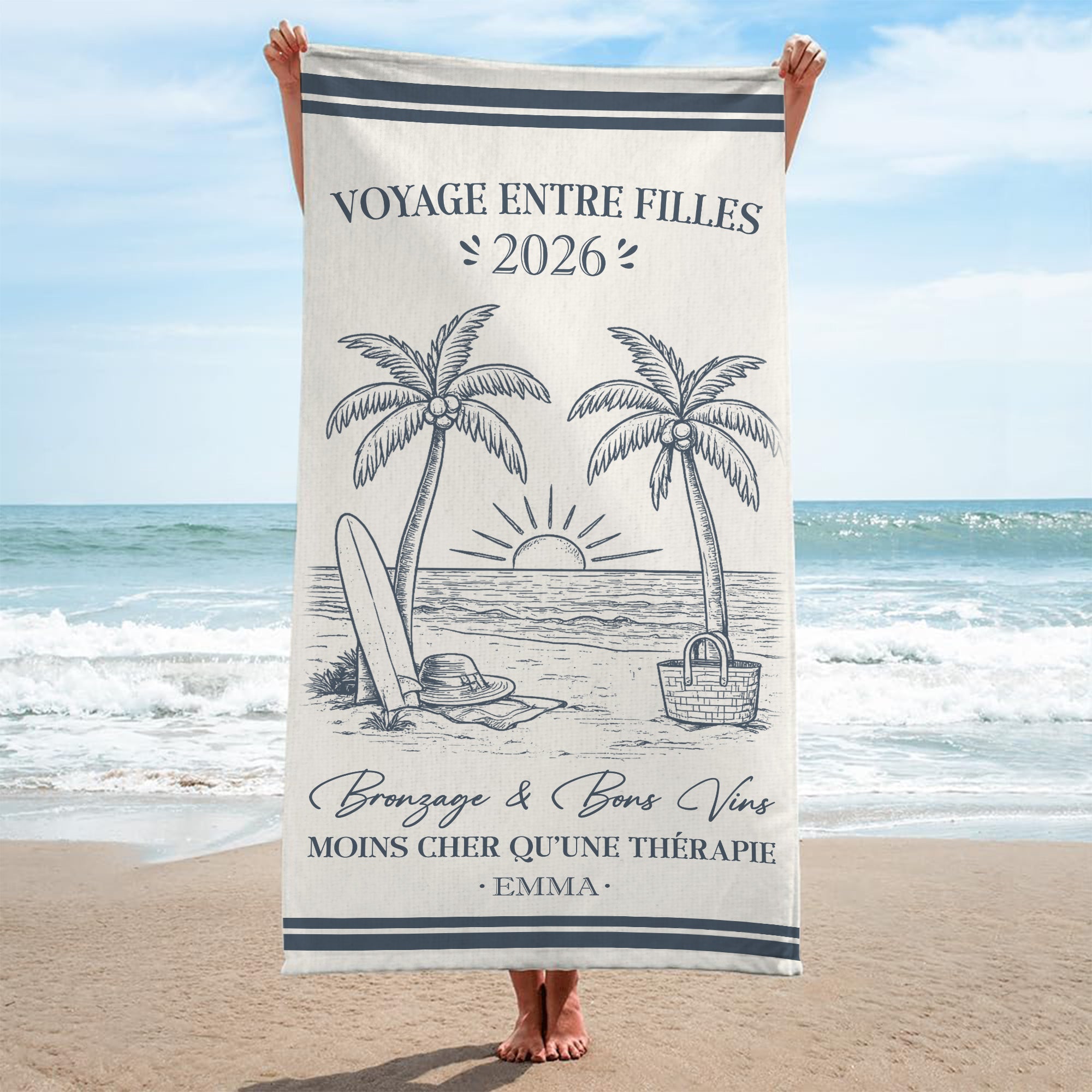 9140BFR2 serviette de plage personnalisee cadeau pour voyage en famille ete 9140bscoi