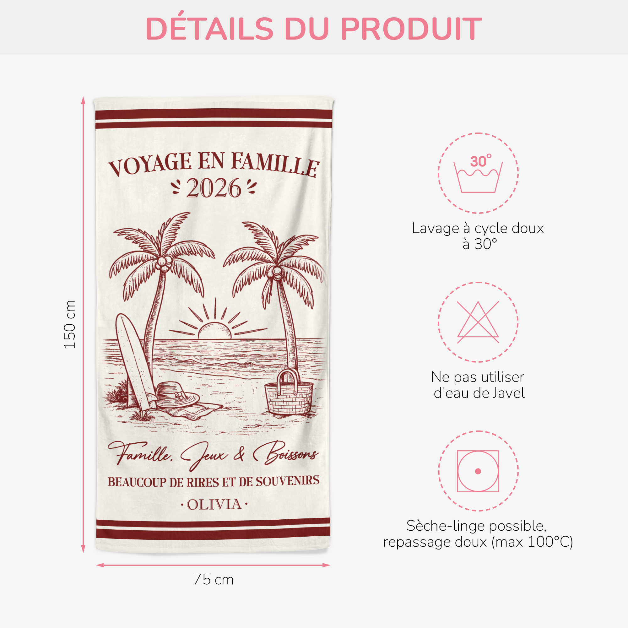 9140BFR3 serviette de plage personnalisee cadeau pour voyage en famille ete 9140bscoi