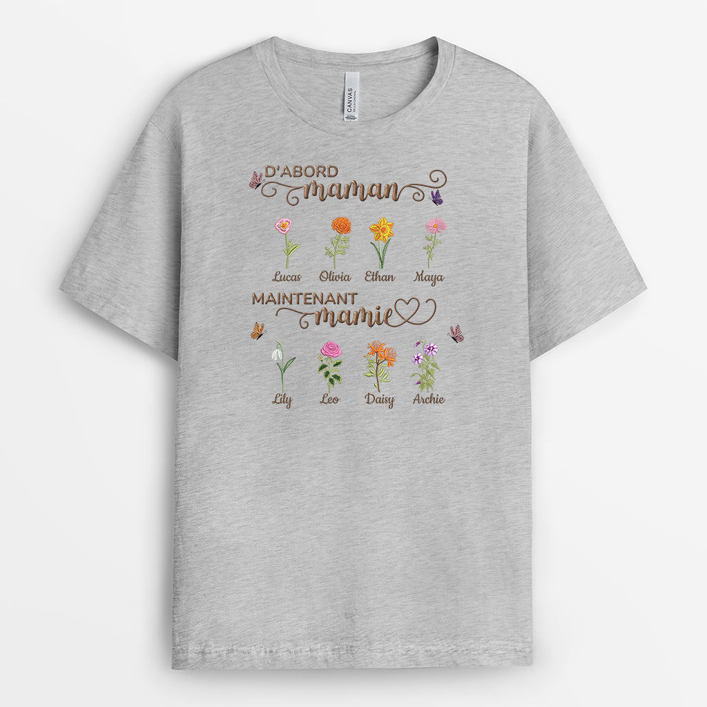 9266AFR2 t shirt personnalise maman prenom dabord maman ensuite mamie avec fleur 9266a8fka