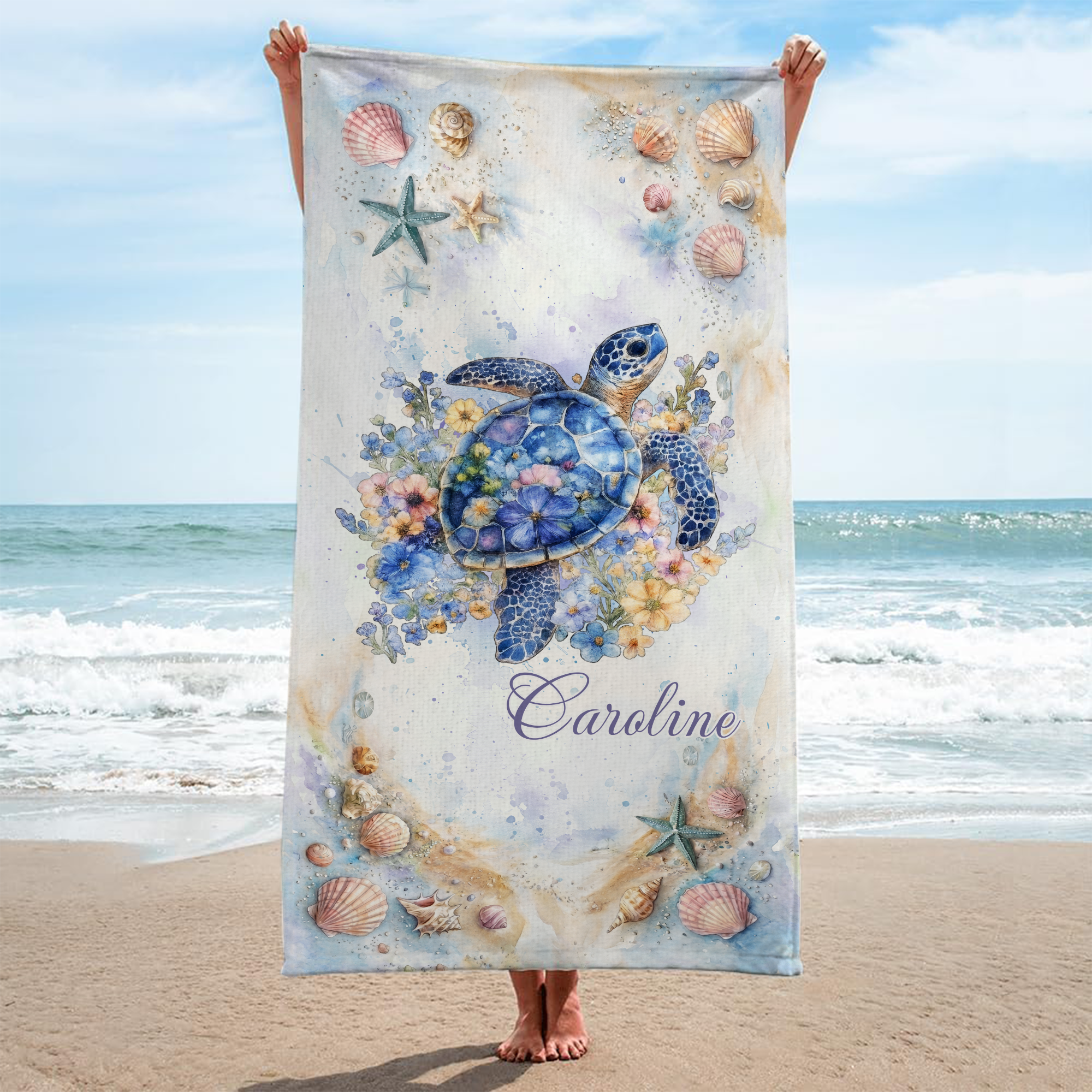9270BFR2 serviette de plage a personnaliser_ femme cadeau pour ete dessin tortue 9270bsena